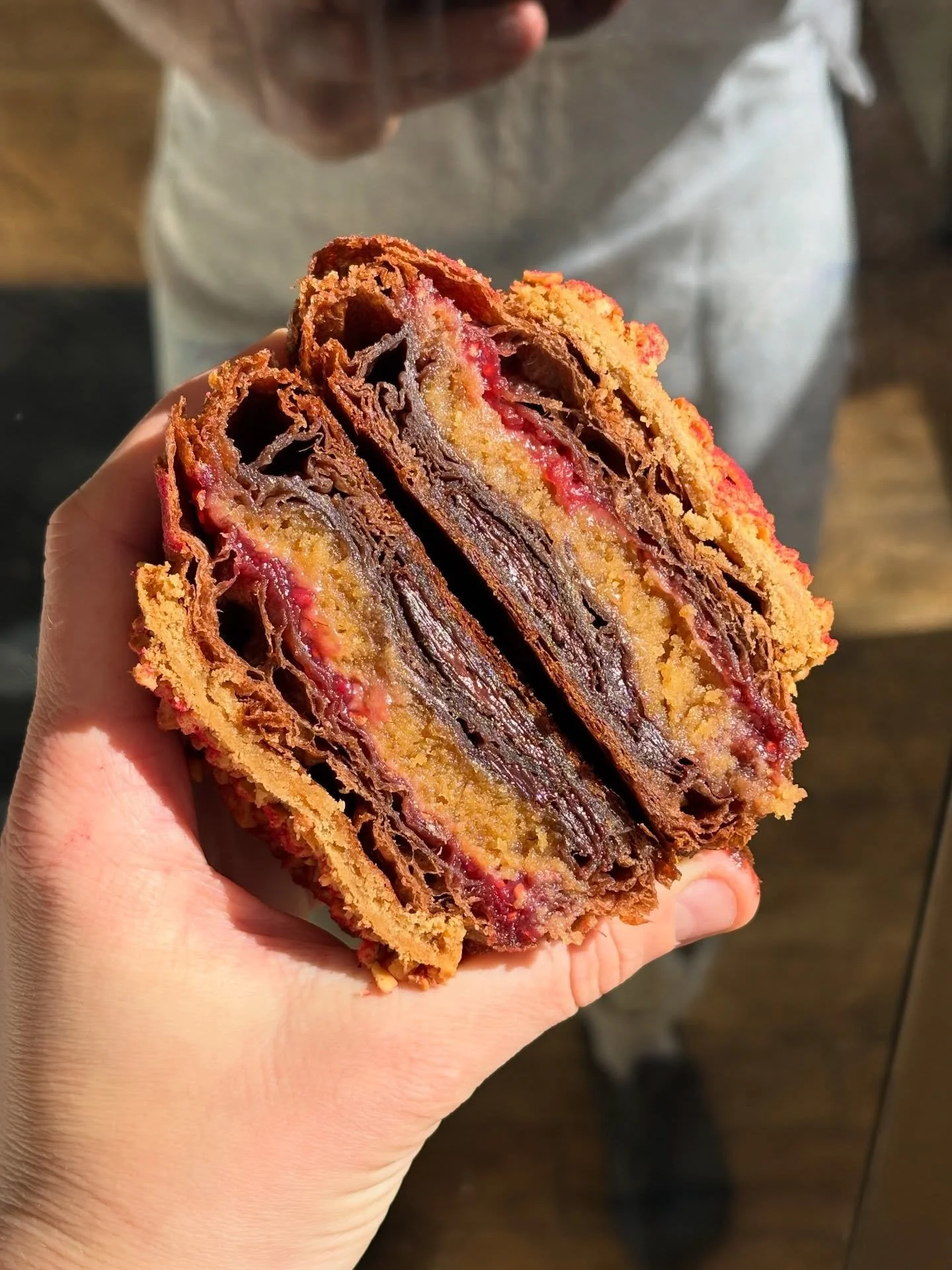 CHOCOLATE PB&amp;J CROISSANT

For those of you asking: our chocolate croissant filled with rich peanut butter cookie and raspberry jam. Baked until goey on the inside, crisp on the outside. 

On the counter every day at both Greenpoint and Prospect H