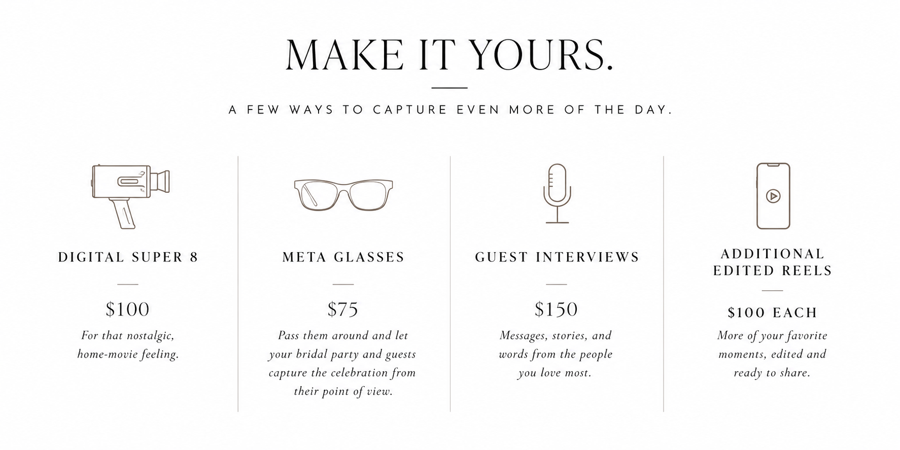 A promotional graphic showing four ways to capture moments: a digital camera labeled 'Digital Super 8' priced at $100, a pair of glasses labeled 'Meta Glasses' priced at $75, a microphone labeled 'Guest Interviews' priced at $150, and a smartphone with a play button labeled 'Additional Edited Reels' priced at $100 each.