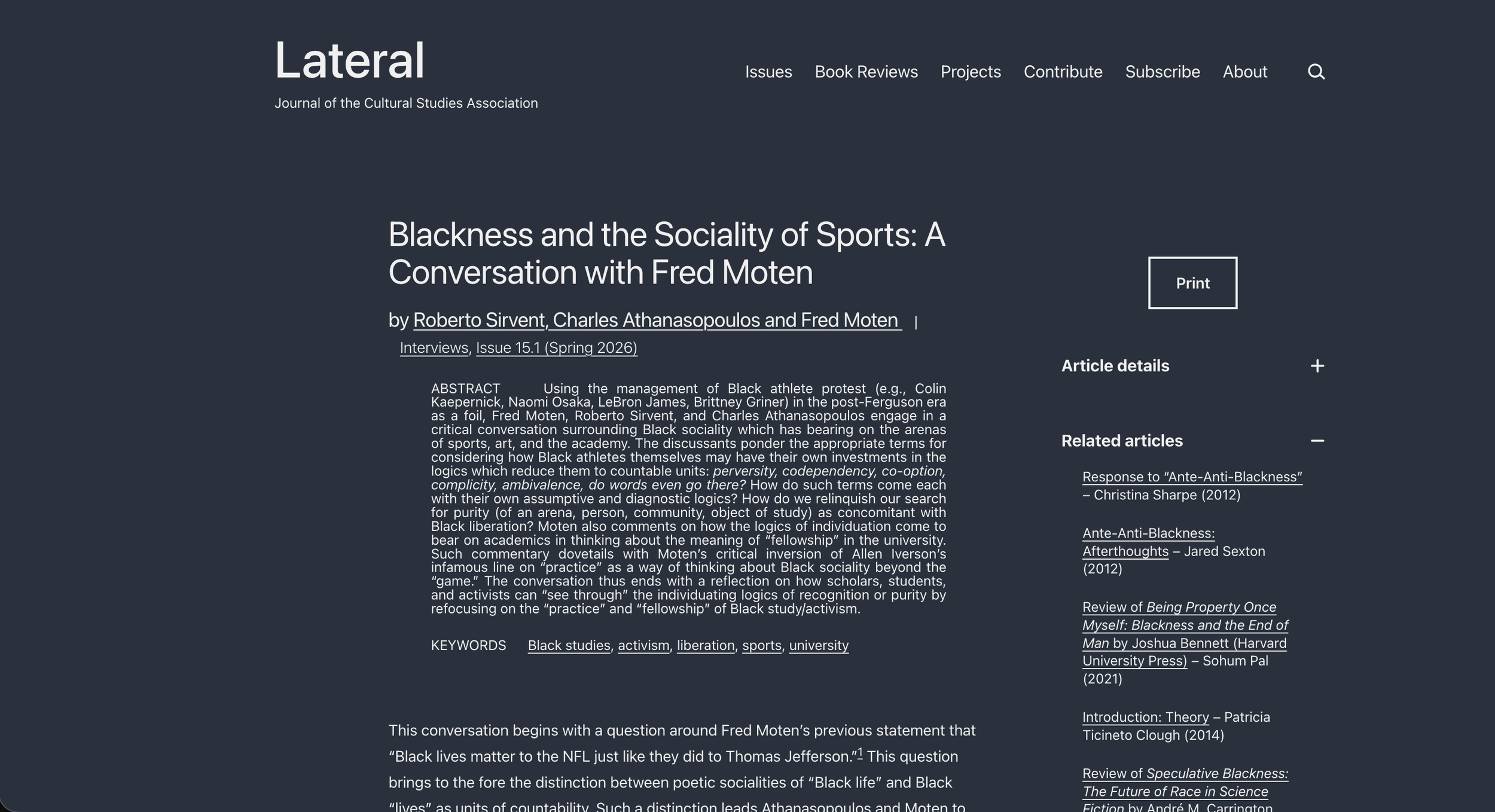 Roberto Sirvent, Charles Athanasopoulos, and Fred Moten in Conversation (Lateral 15.1, Spring 2026)
