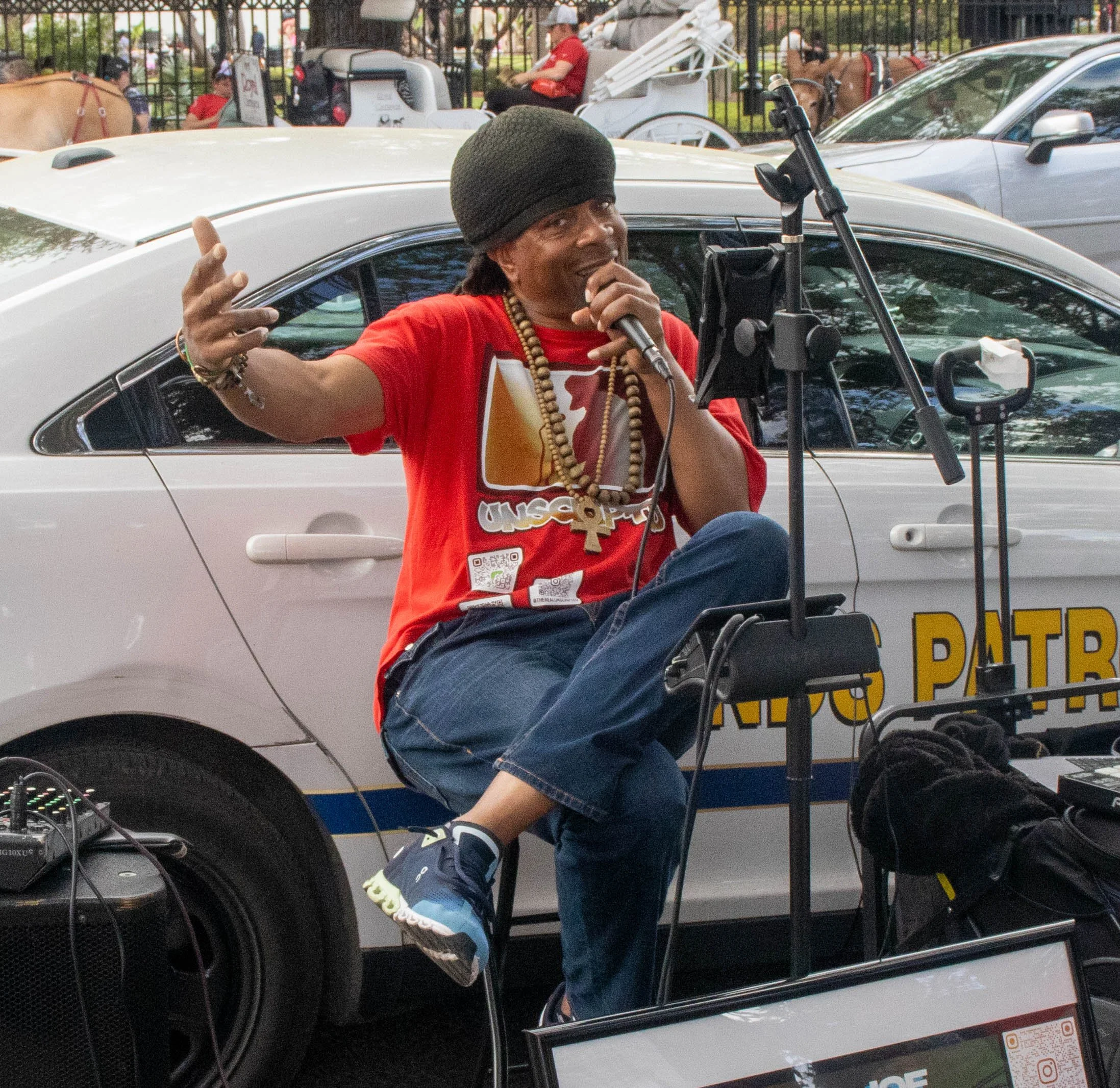 Kay Joe freestyles next to Washington Artillery Park in the French Quarter in New Orleans on Sunday afternoon, March 15, 2026.