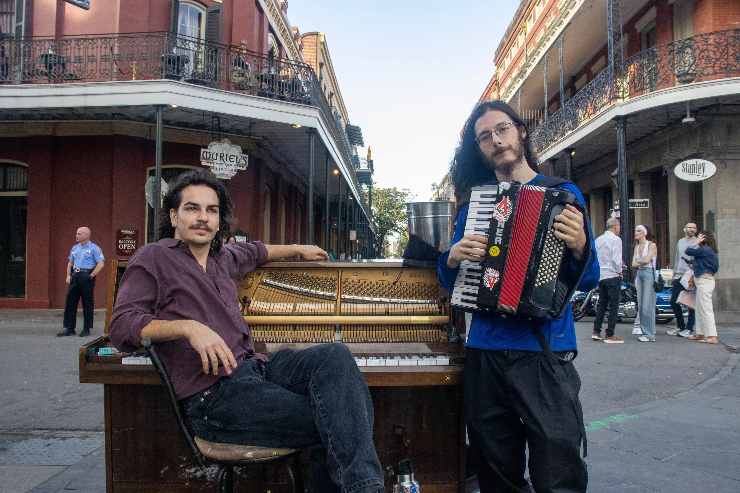 The band Rat Fever sits on the corner of Chartres Street in the French Quarter in New Orleans on Friday, April 10, 2026, playing the accordion and piano.