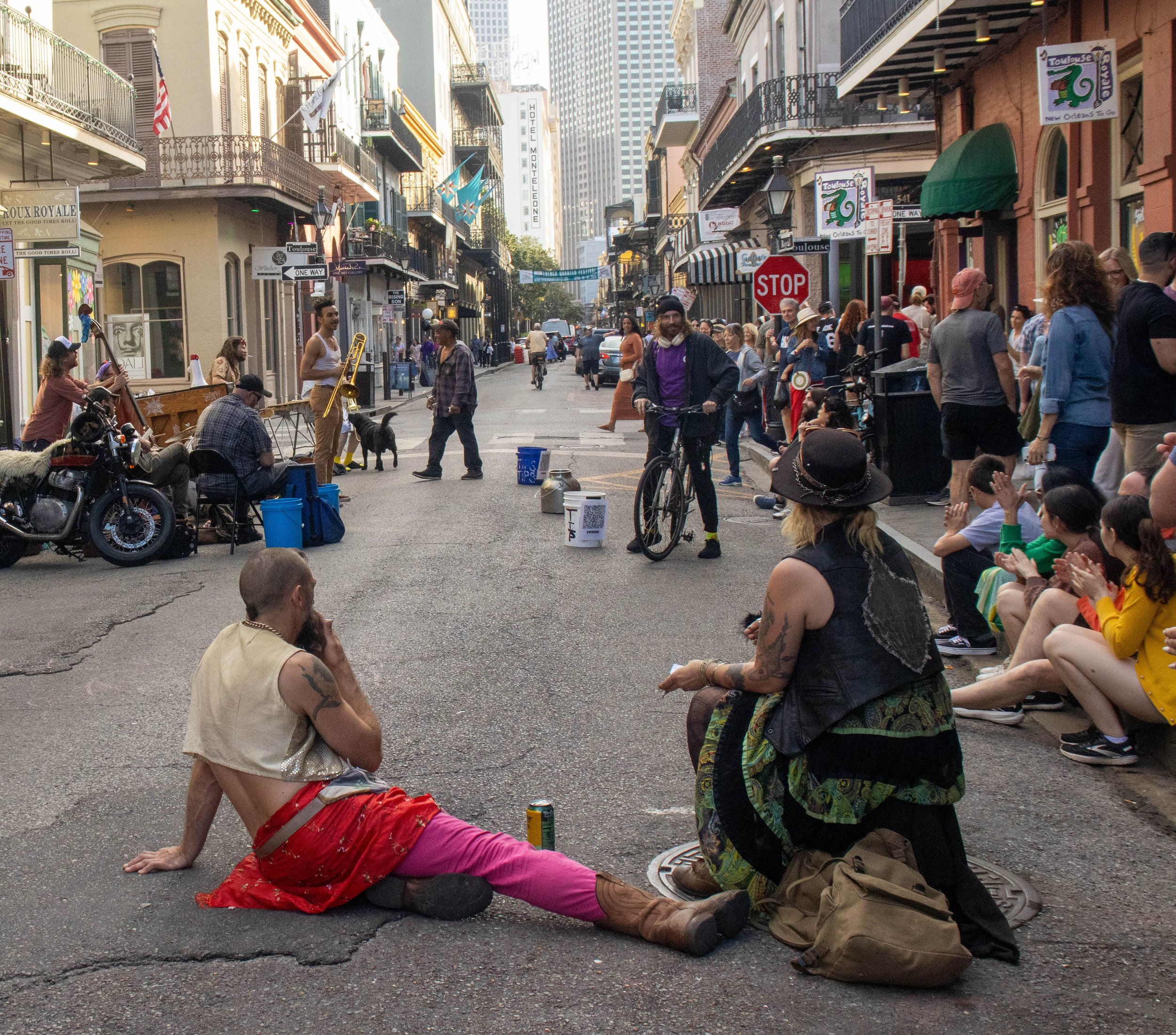 A crowd watches and applauds the Dirty Rotten Vipers during their performance on
Royal Street in the French Quarter in New Orleans on Friday, April 10, 2026.