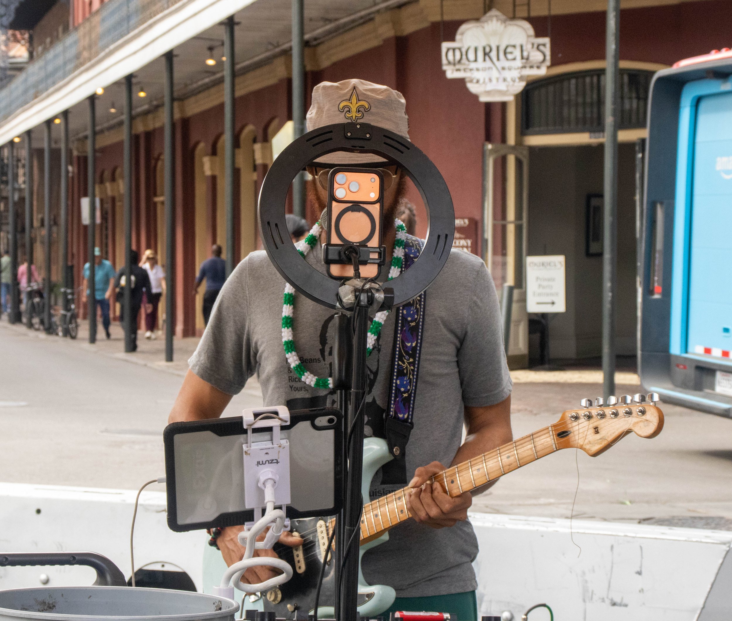 Isiah-Da-Artist performs on the corner of Jackson Square in the French Quarter in New Orleans on Sunday afternoon, March 15, 2026. He also is streaming on TikTok LIVE.