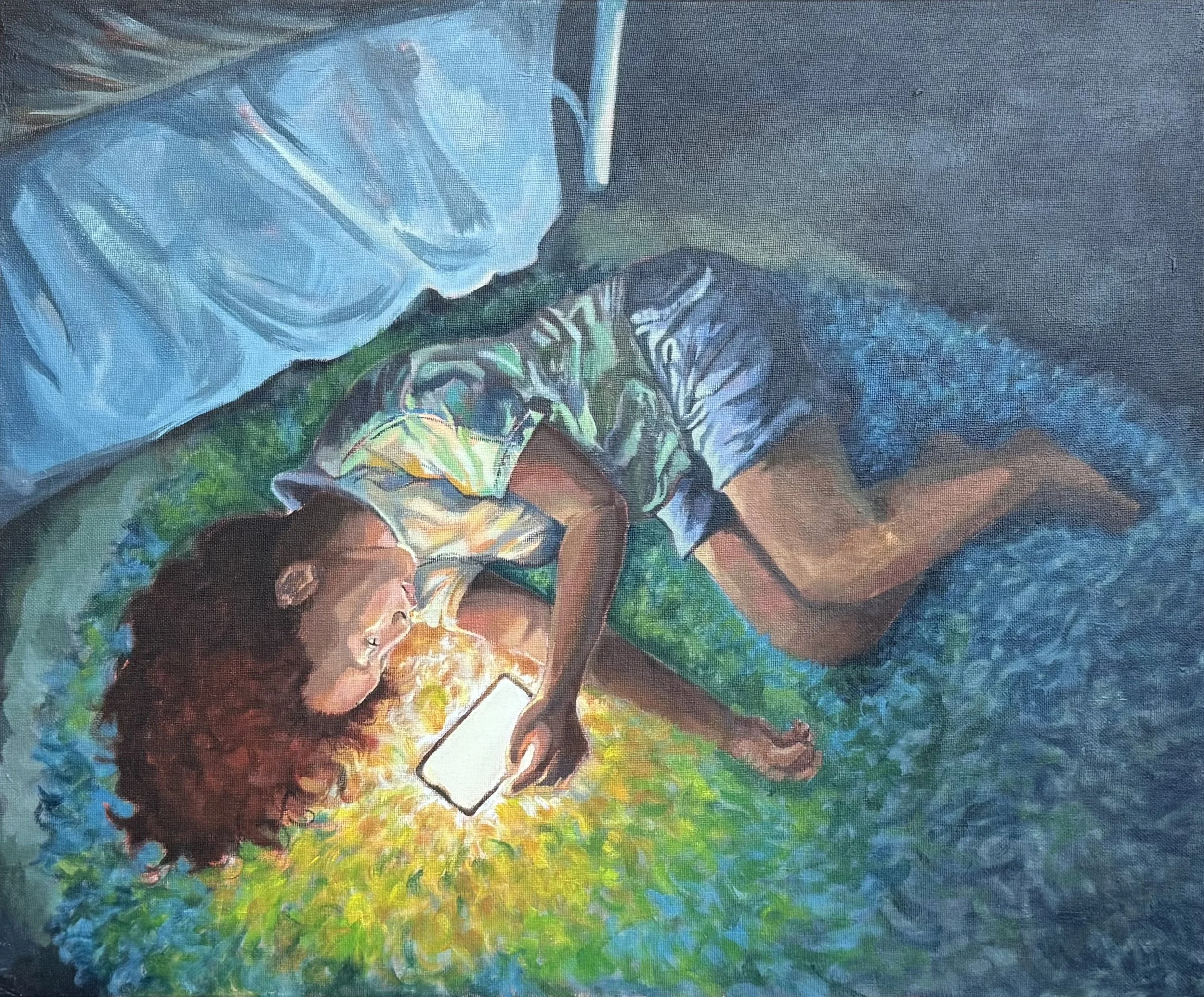 An impressionist-style painting of a person lying on green grass, reading a book, with a blurred blue and dark background.