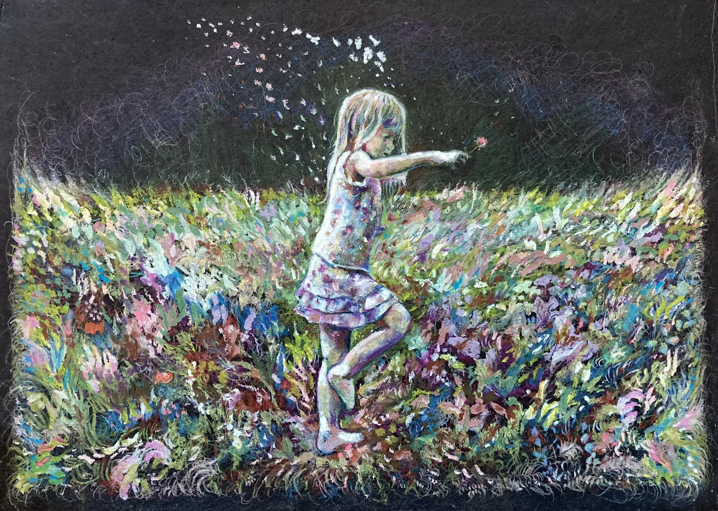 A colorful painting of a young girl with blonde hair playing in a field of flowers at night. She is reaching out with her right hand, and the scene includes lots of bright, vibrant colors with swirling brushstrokes.