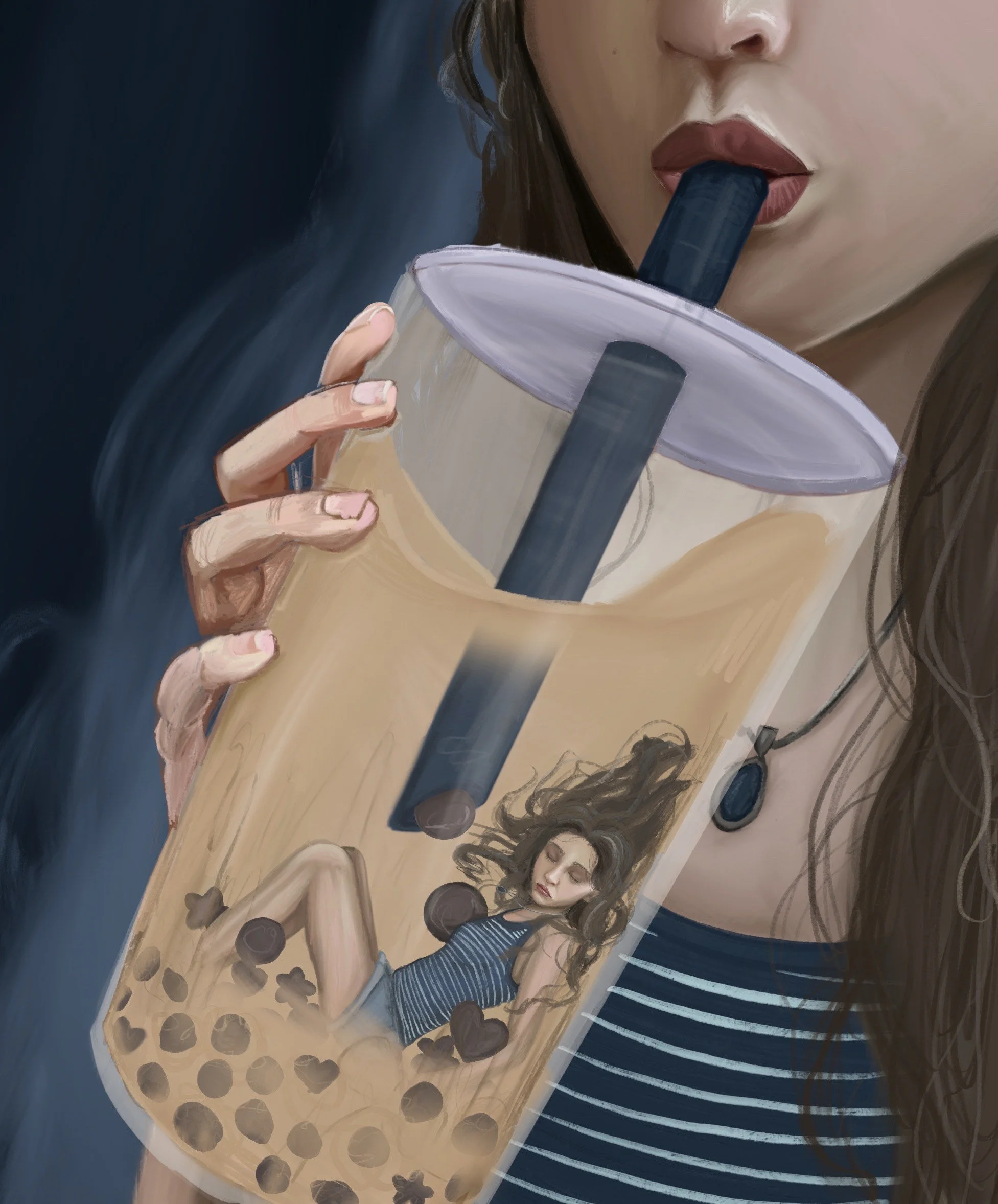 A woman with dark hair and wearing a striped shirt is drinking from a large clear cup with a black straw.