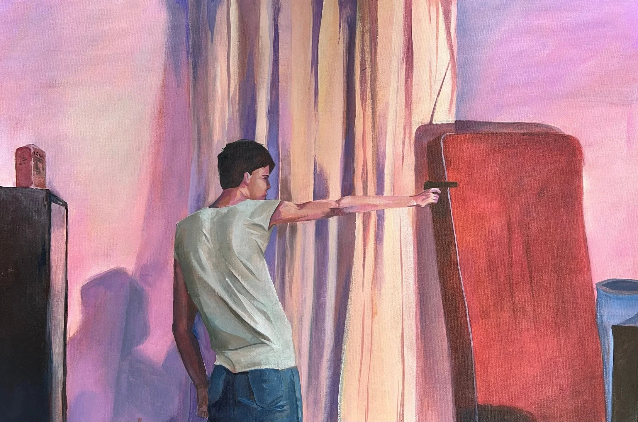 A painting of a young boy with dark hair, wearing a white T-shirt and blue jeans, standing in front of a red safe or cabinet. The boy is reaching out with his right hand to open or touch the safe. The background features pink and purple vertical stripes, with a speaker or amplifier on the left and a blue object on the lower right.
