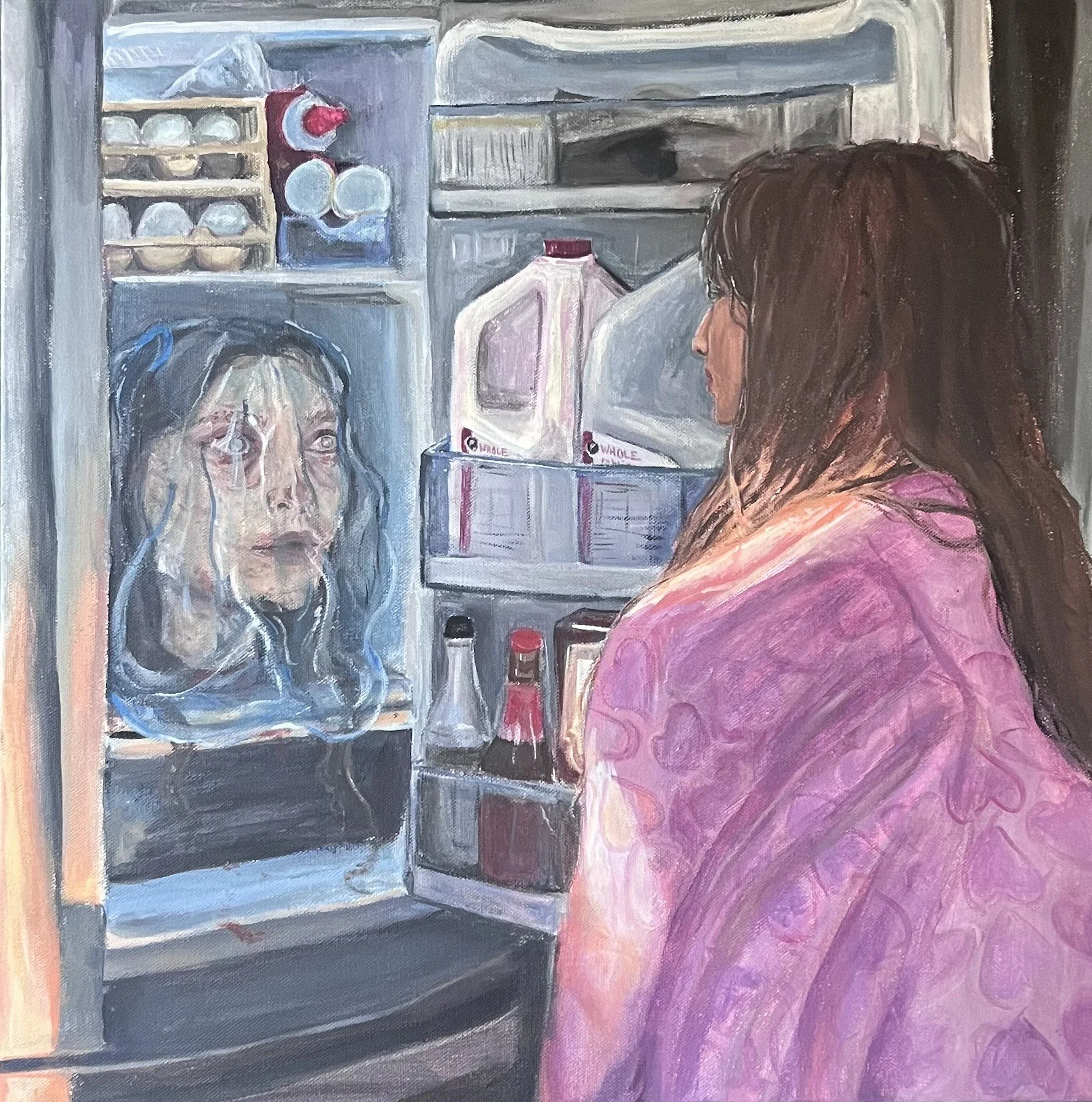 Painting of a woman with brown hair looking into an open refrigerator with food items inside, including milk cartons, eggs, and bottles.