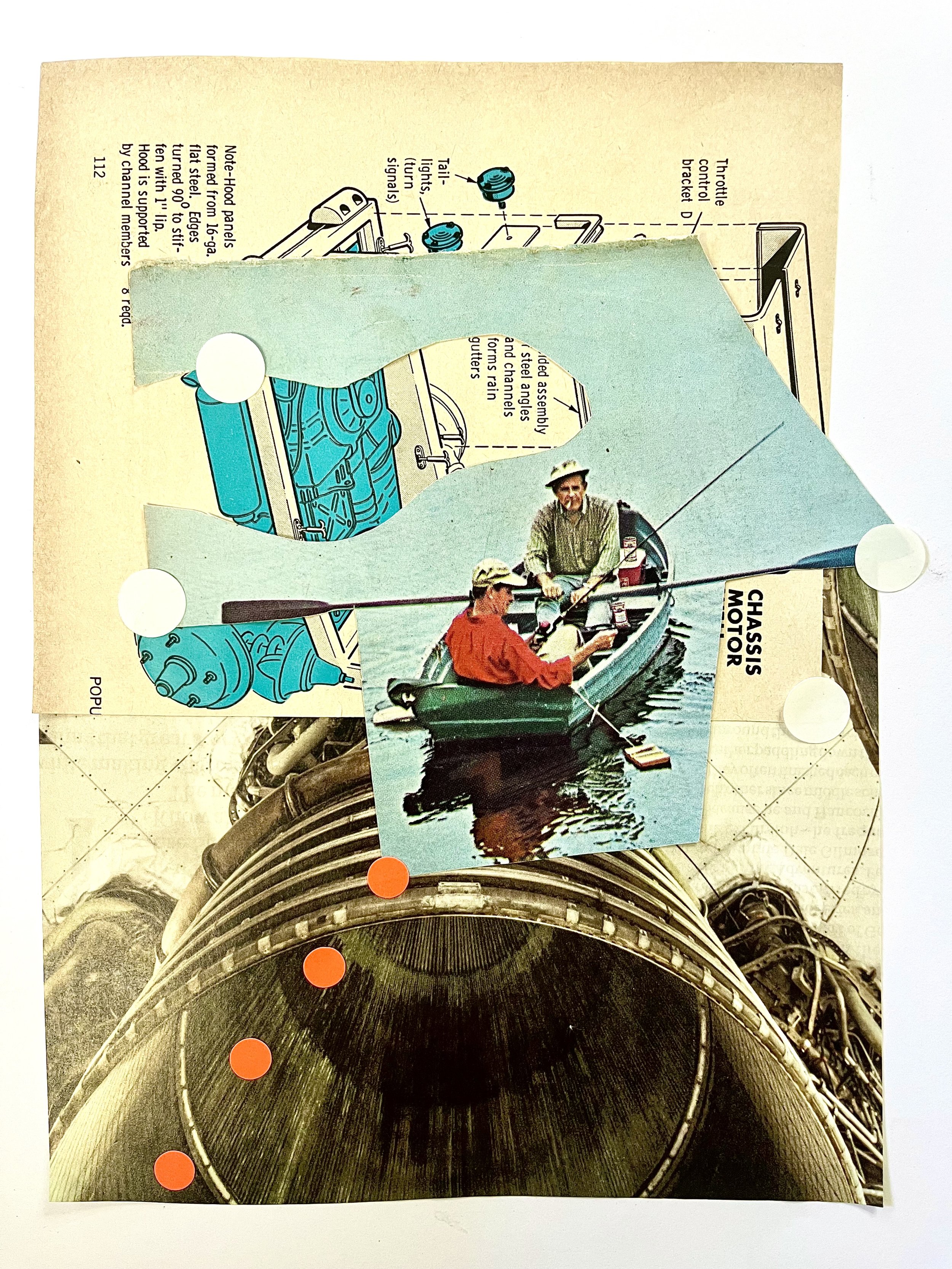 A collection of photographs pinned on a background that appears to be technical drawings of machinery, along with a photo of two people fishing on a boat on the water.