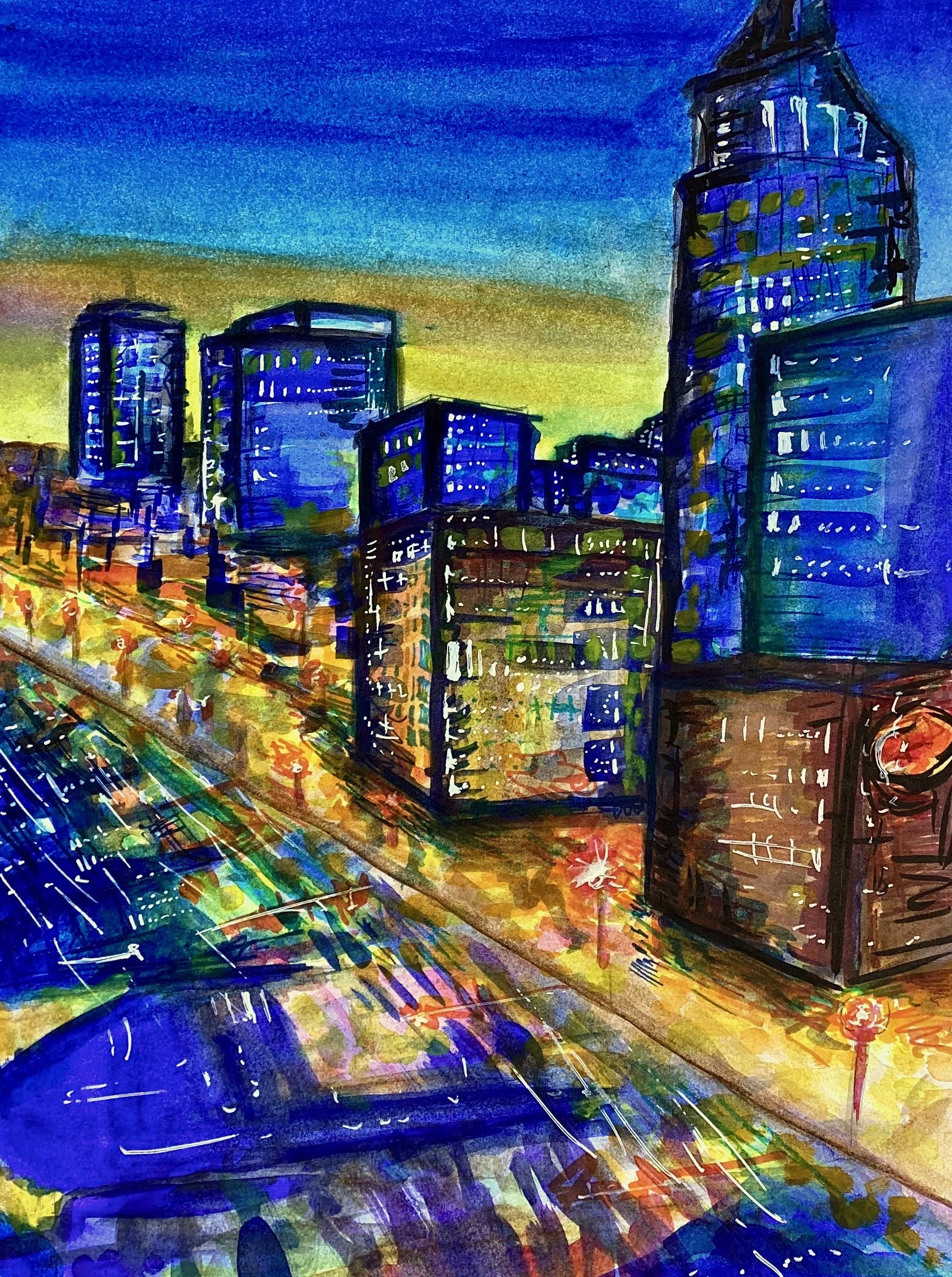 A colorful watercolor cityscape at night with tall buildings illuminated by lights, a bridge in the foreground, and a vibrant sky transitioning from yellow to deep blue.