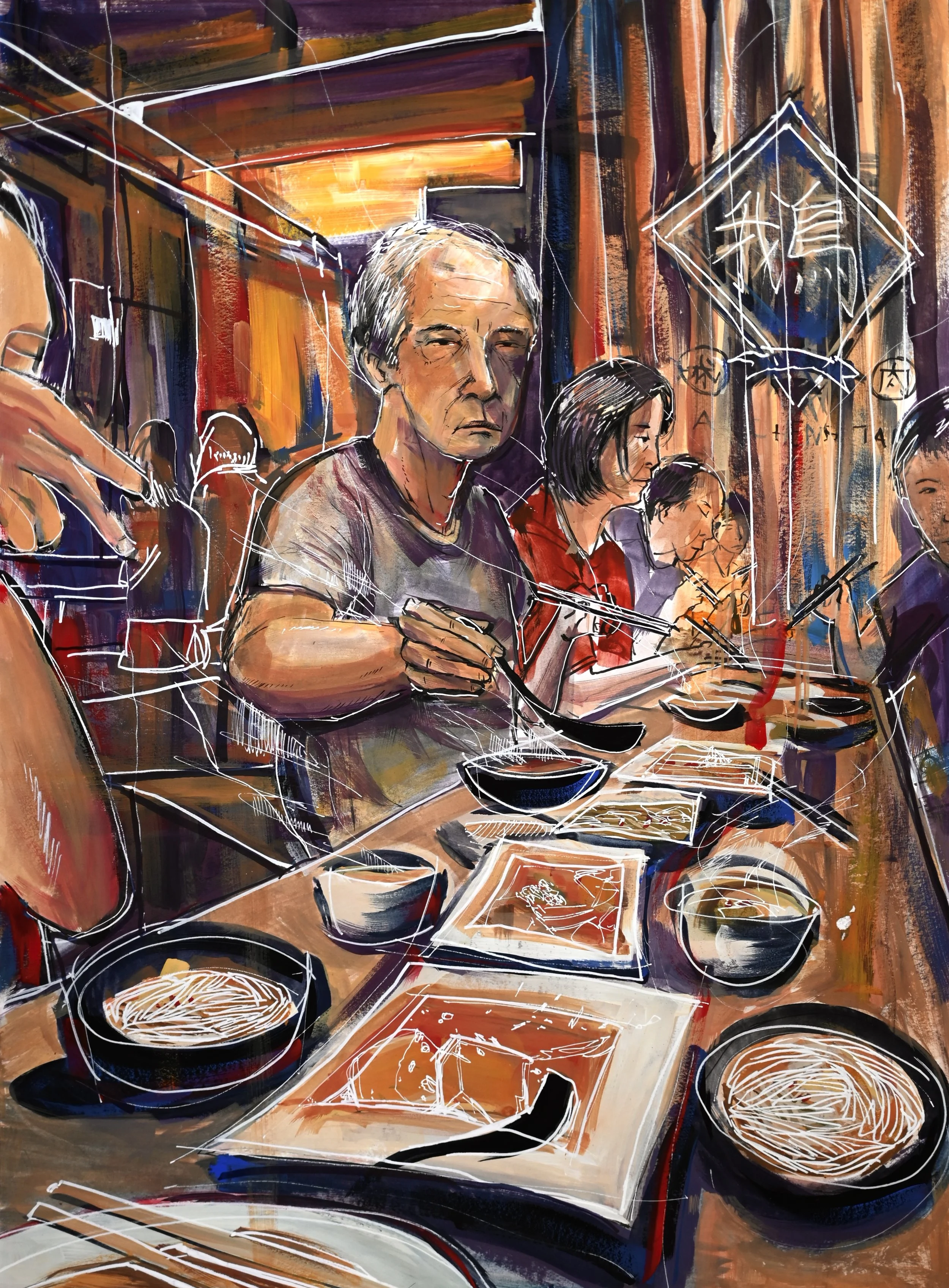 A colorful, abstract painting of a restaurant table scene with people eating and drinking. The painting features bold strokes, vibrant colors, and sketches of dishes and drinks.
