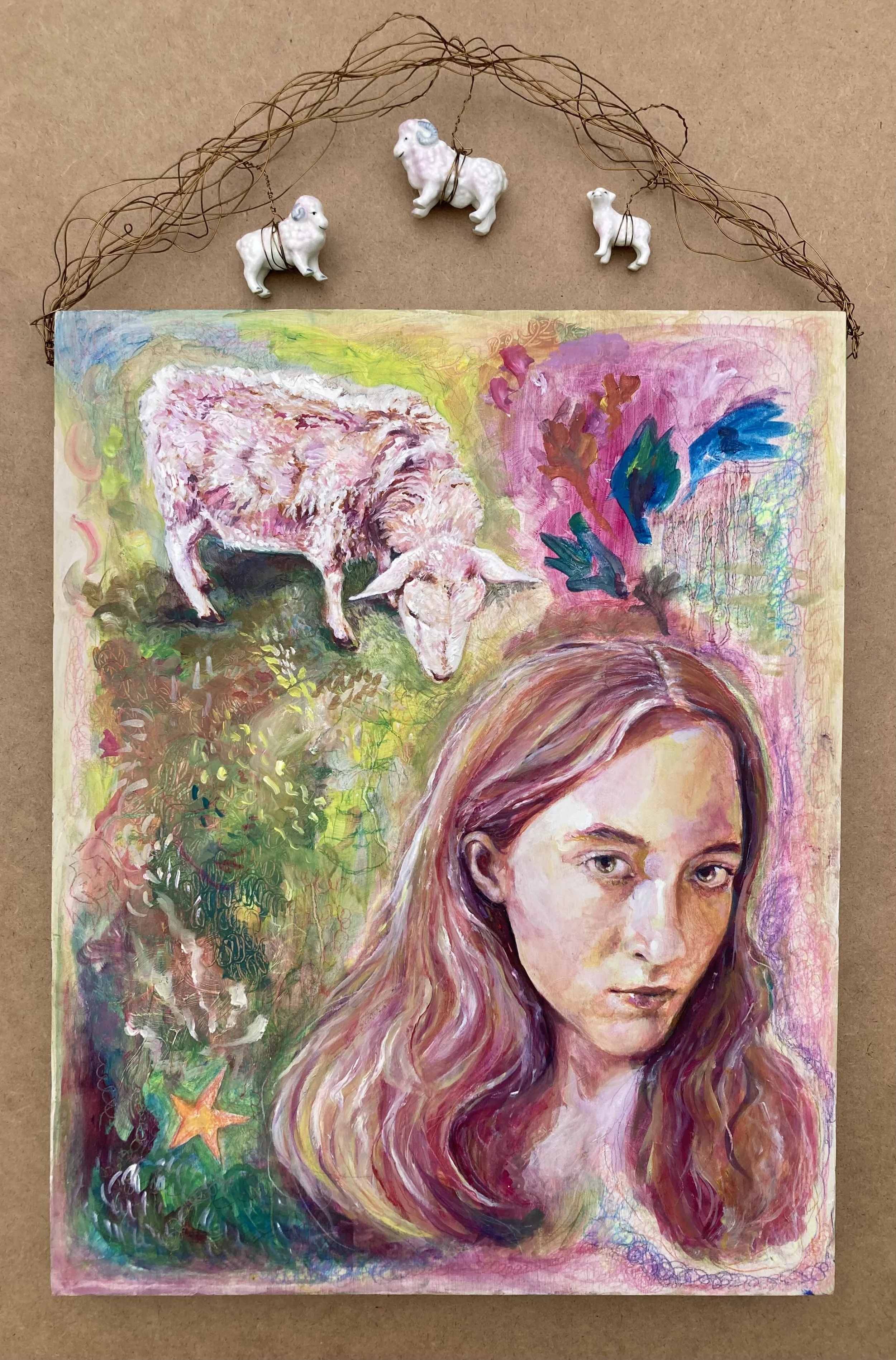 Painted portrait of a young woman with long wavy hair, surrounded by colorful abstract elements, including a bear, a sheep, and a bird, with a decorative wire arch above.
