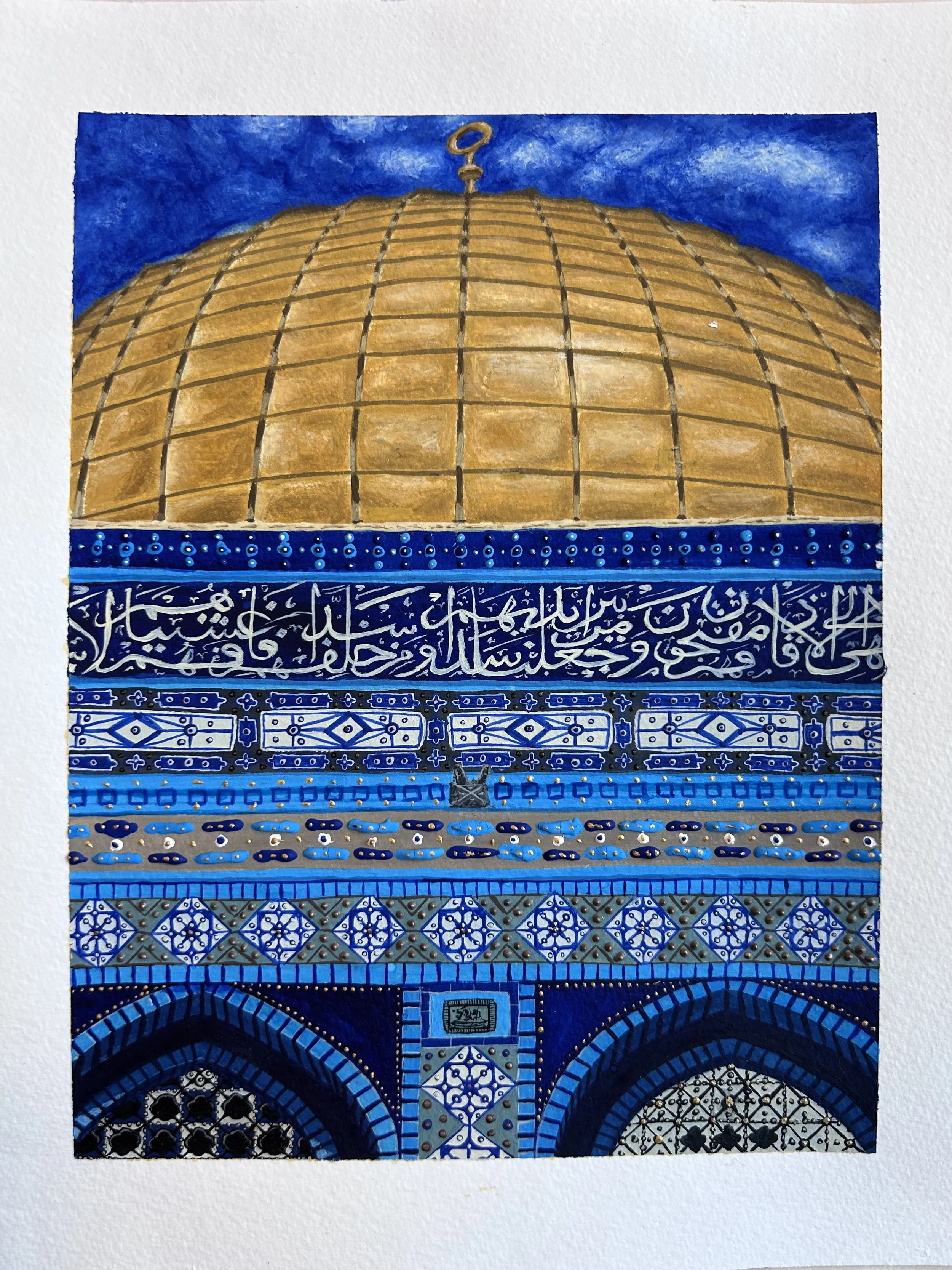 Artwork depicting the Blue Madrasa in Tlemcen, Algeria, with intricate geometric and calligraphic patterns in blue and white, topped with a golden dome against a blue sky.