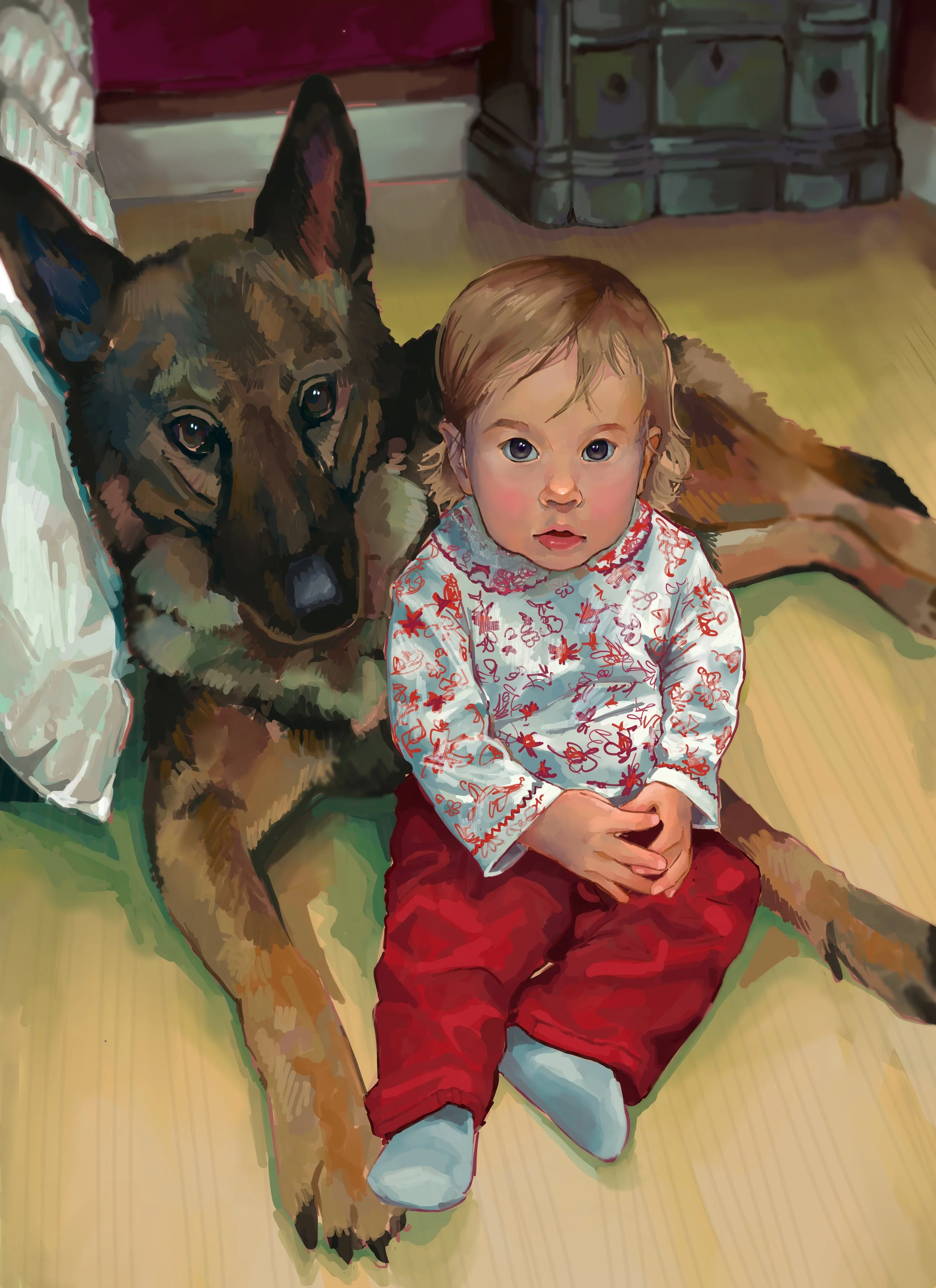 A young child with blonde hair and blue eyes sitting on the floor next to a large German Shepherd dog, indoors with a wooden floor and furniture in the background.
