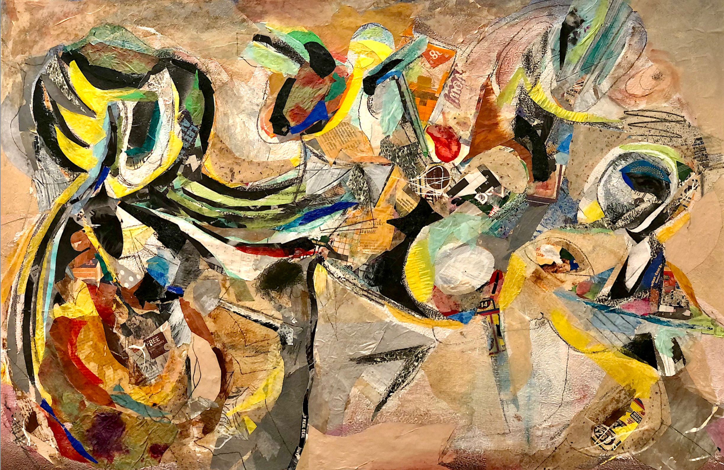 Abstract collage of torn paper, fabric, and paint layered and blended to create a textured, colorful composition.