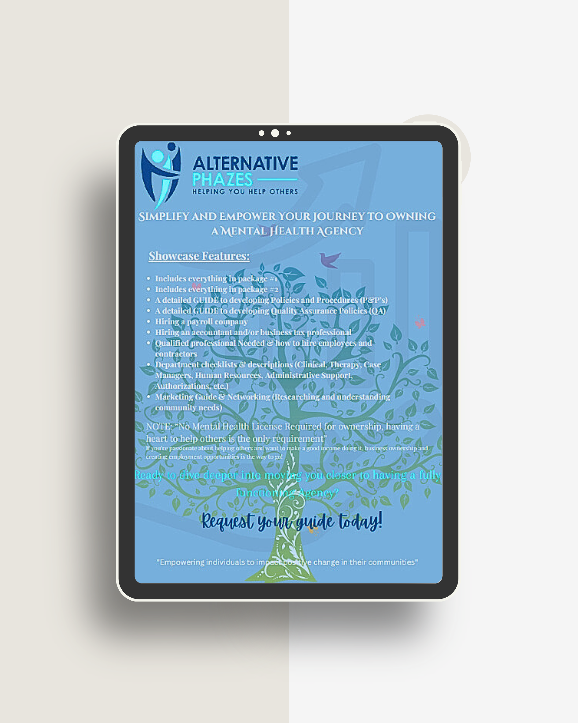 Digital flyer for Alternative Phazes mental health agency featuring a blue background with a tree graphic, informational text about services, features, and contact invitation.
