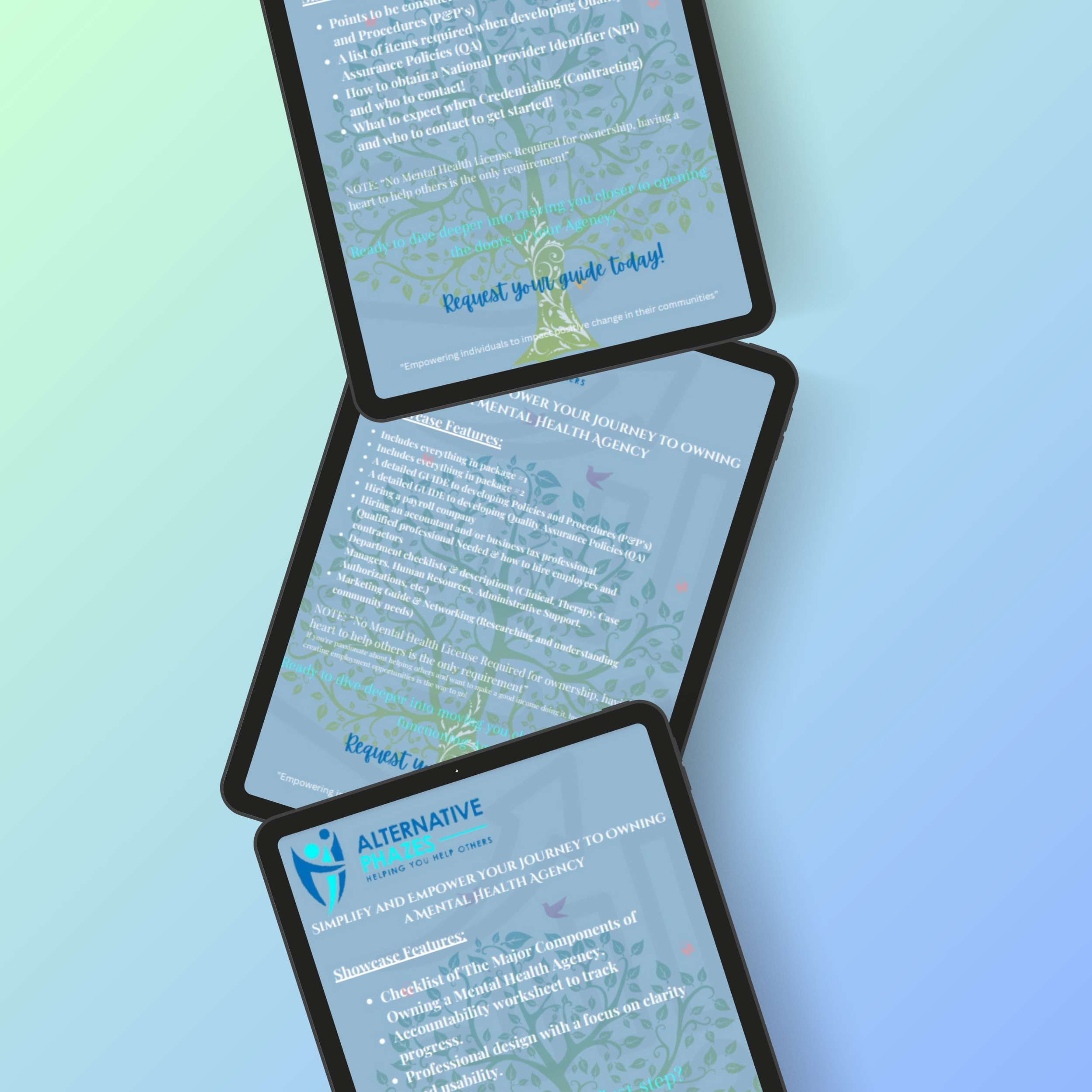 Three tilted tablets displaying information about mental health agency services, with a light gradient background.