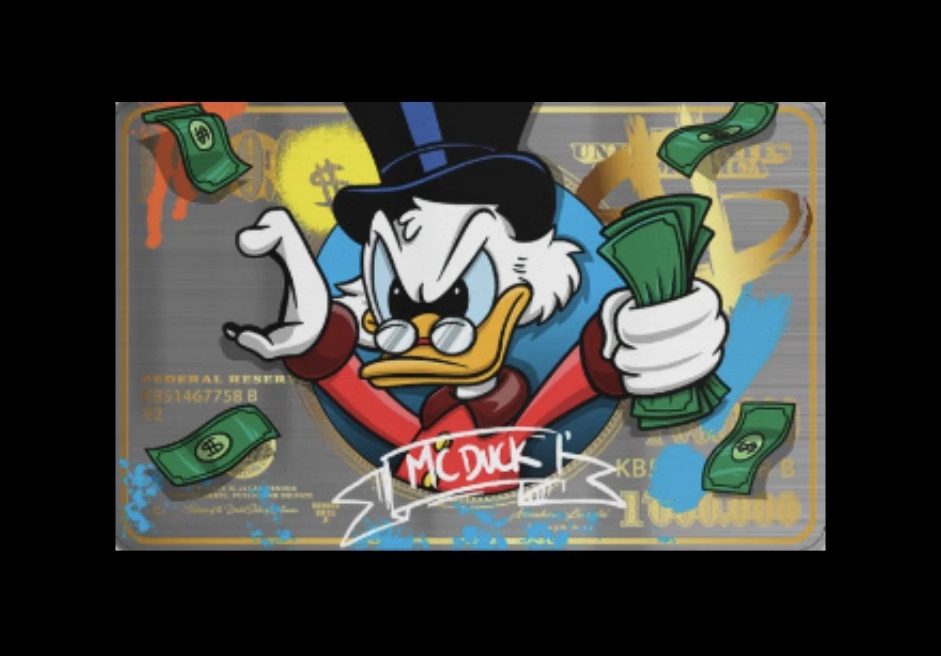 Cartoon of Donald Duck dressed as a gangster holding cash, with spray paint splatters and a dollar sign in the background.