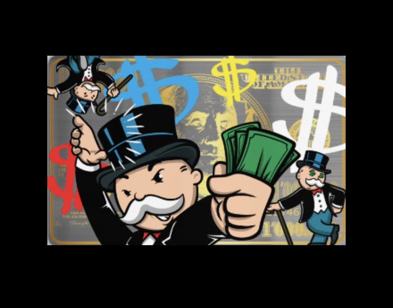 A credit card with the Monopoly Man holding money.