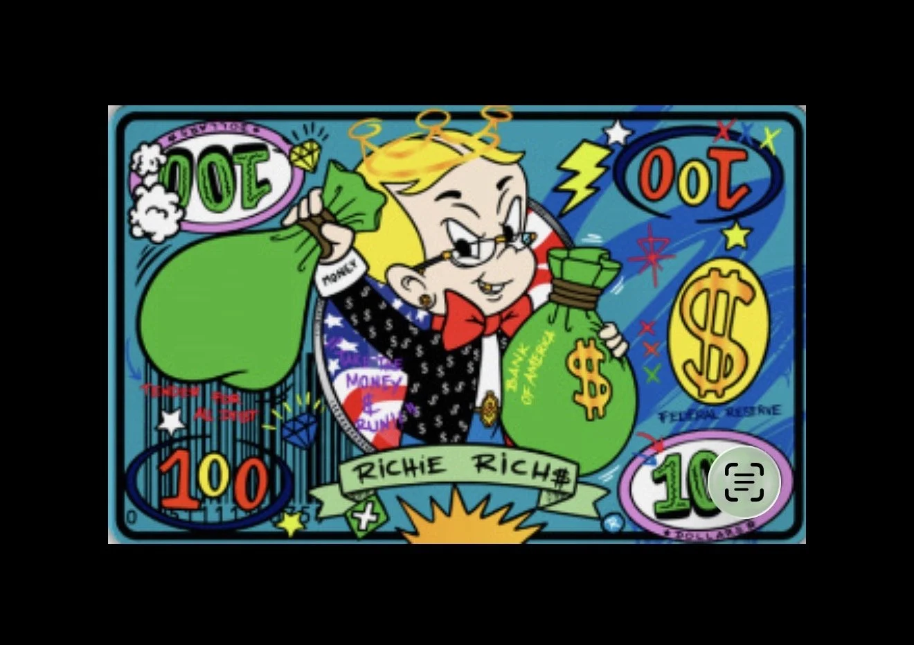 Colorful cartoon illustration of a boy in a tuxedo with glasses, holding a large green money bag with dollar signs, surrounded by dollar signs, numbers, stars, lightning bolts, and the name 'Richie Rich' at the bottom.
