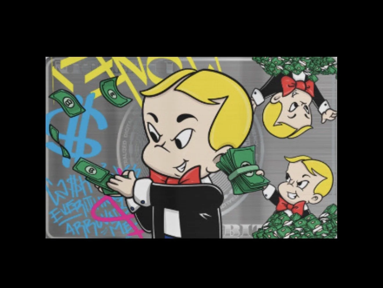 Cartoon of a young boy with blonde hair in a tuxedo, holding and surrounded by stacks of cash, with graffiti and dollar signs in the background, and a girl with blonde hair and a red bow in the upper right corner.