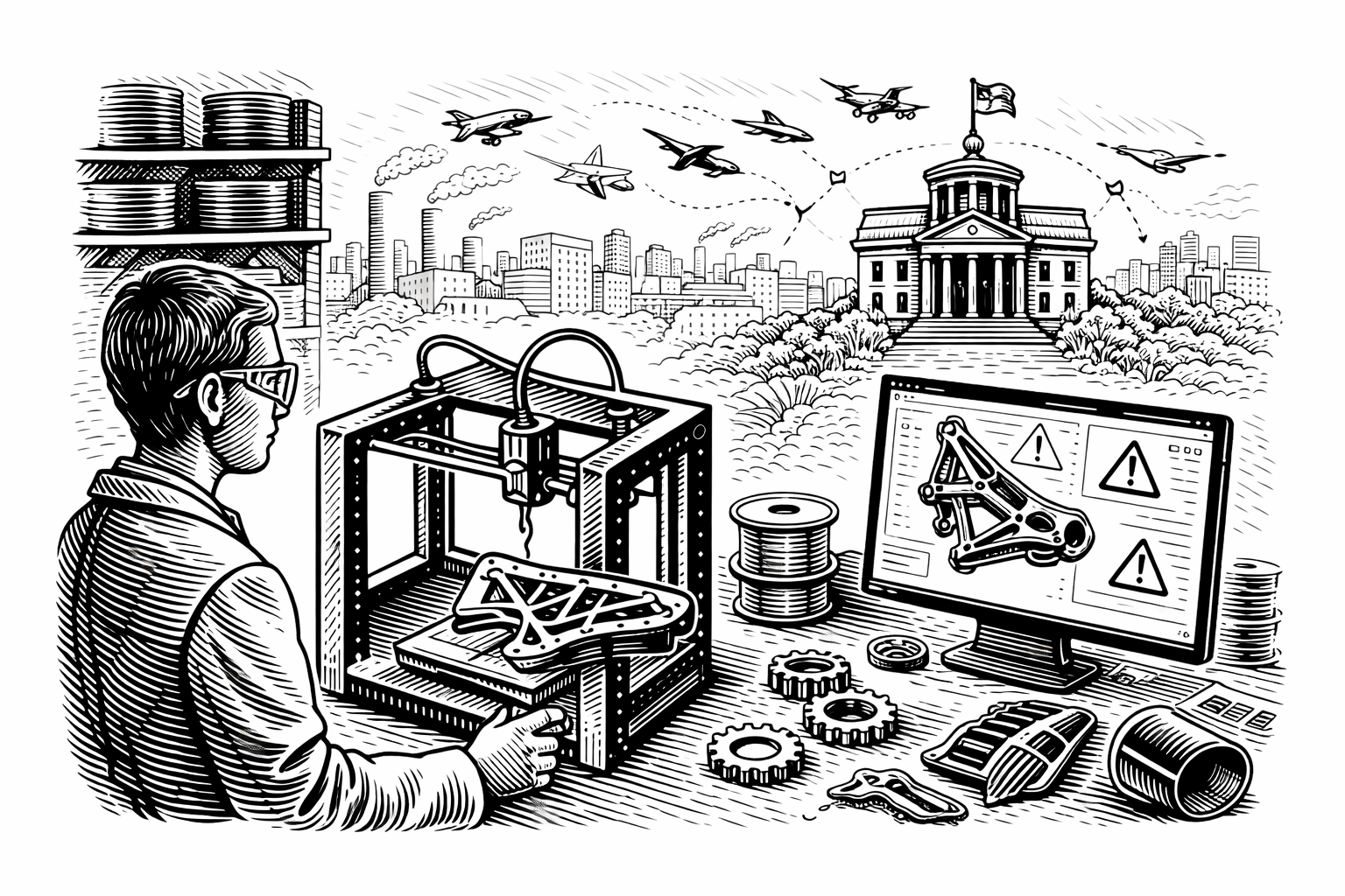 Woodcut-style illustration of a 3D printer producing aircraft parts in a lab, with signs of failure and a cityscape pointing to regulation and oversight.