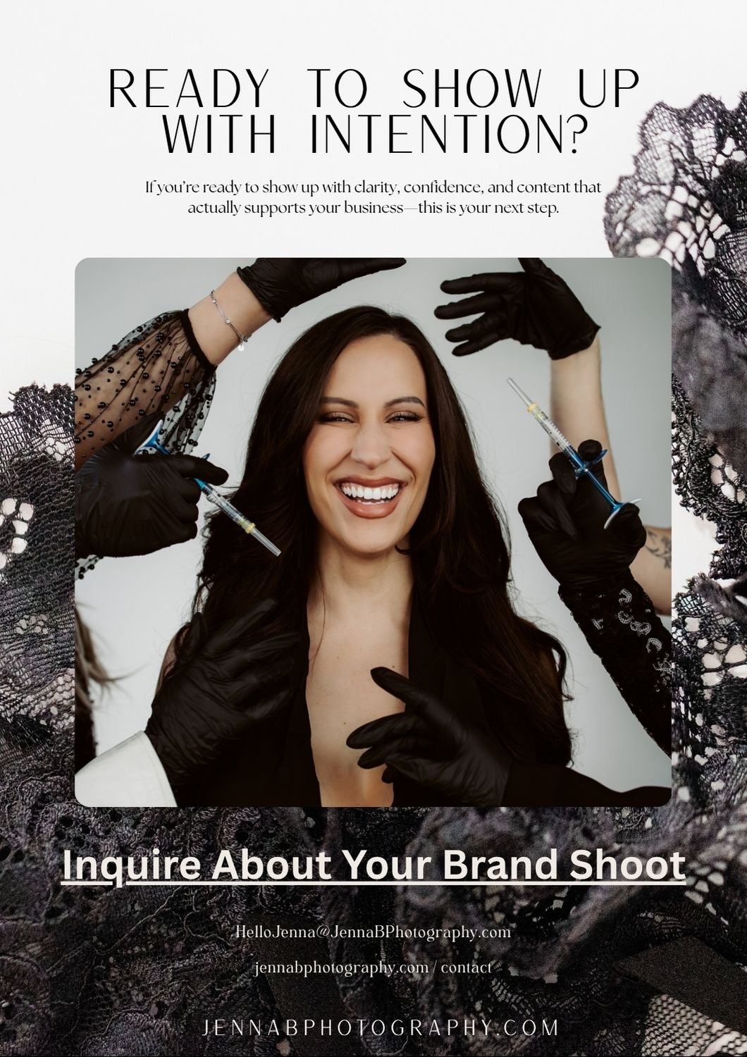 A woman smiling while being prepared for a brand shoot with syringes held near her face and hands from healthcare professionals wearing black gloves. The background is primarily black lace and white, with text about a brand shoot opportunity.