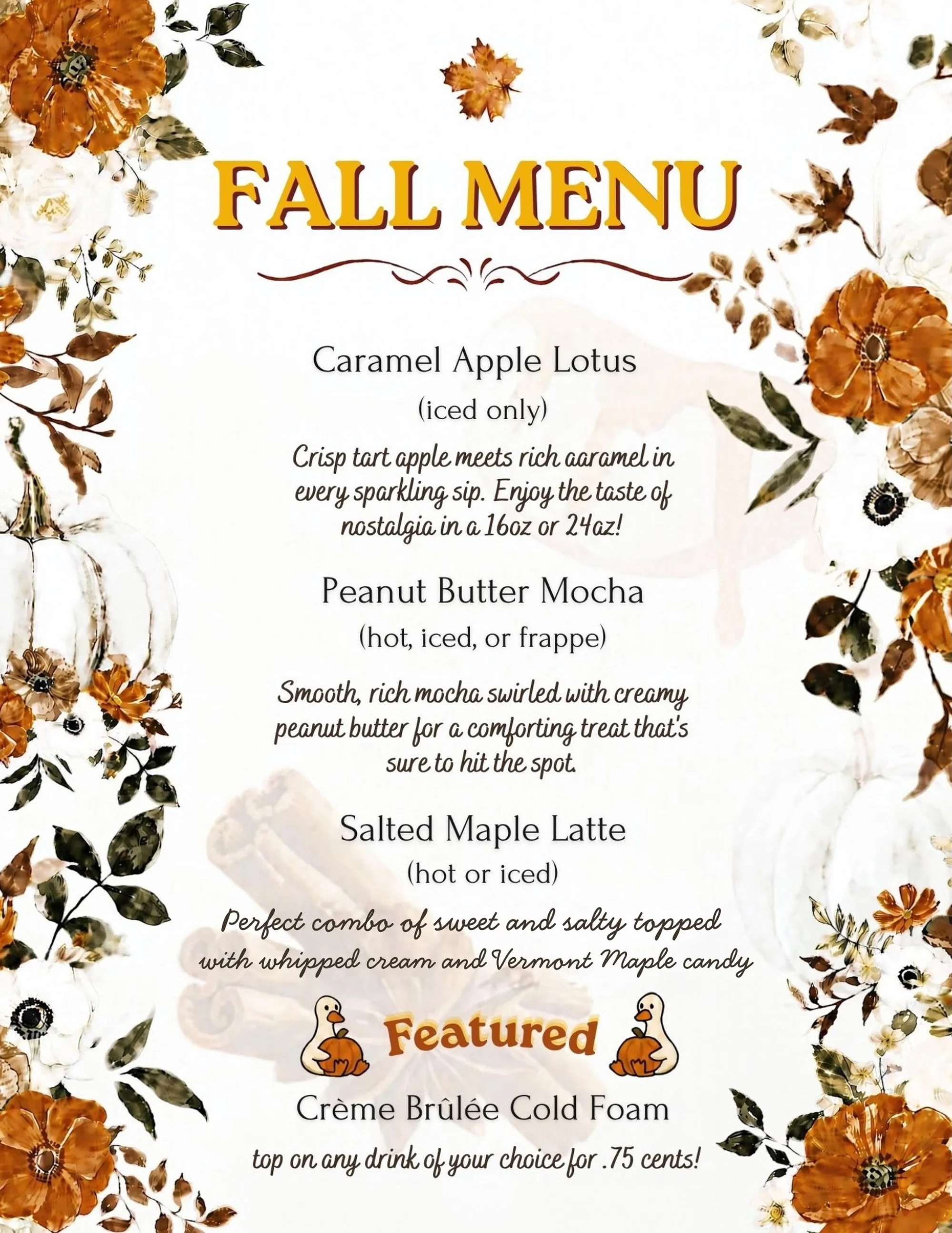 🍁 Our Fall Menu is here!! 🍁 You&rsquo;ll want to try them all, so come see us! ✨