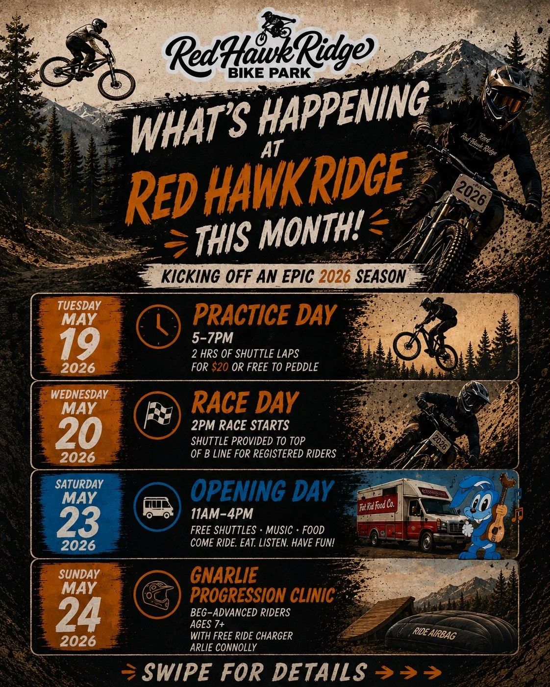 WHAT&rsquo;S HAPPENING THIS MONTH 🔥
We&rsquo;re kicking off the 2026 season with an epic week of riding, racing, music, progression, and good vibes at Red Hawk Ridge Bike Park in Talent, Oregon!

📅 MAY 19 &mdash; PRACTICE DAY
5PM&ndash;7PM
Come get