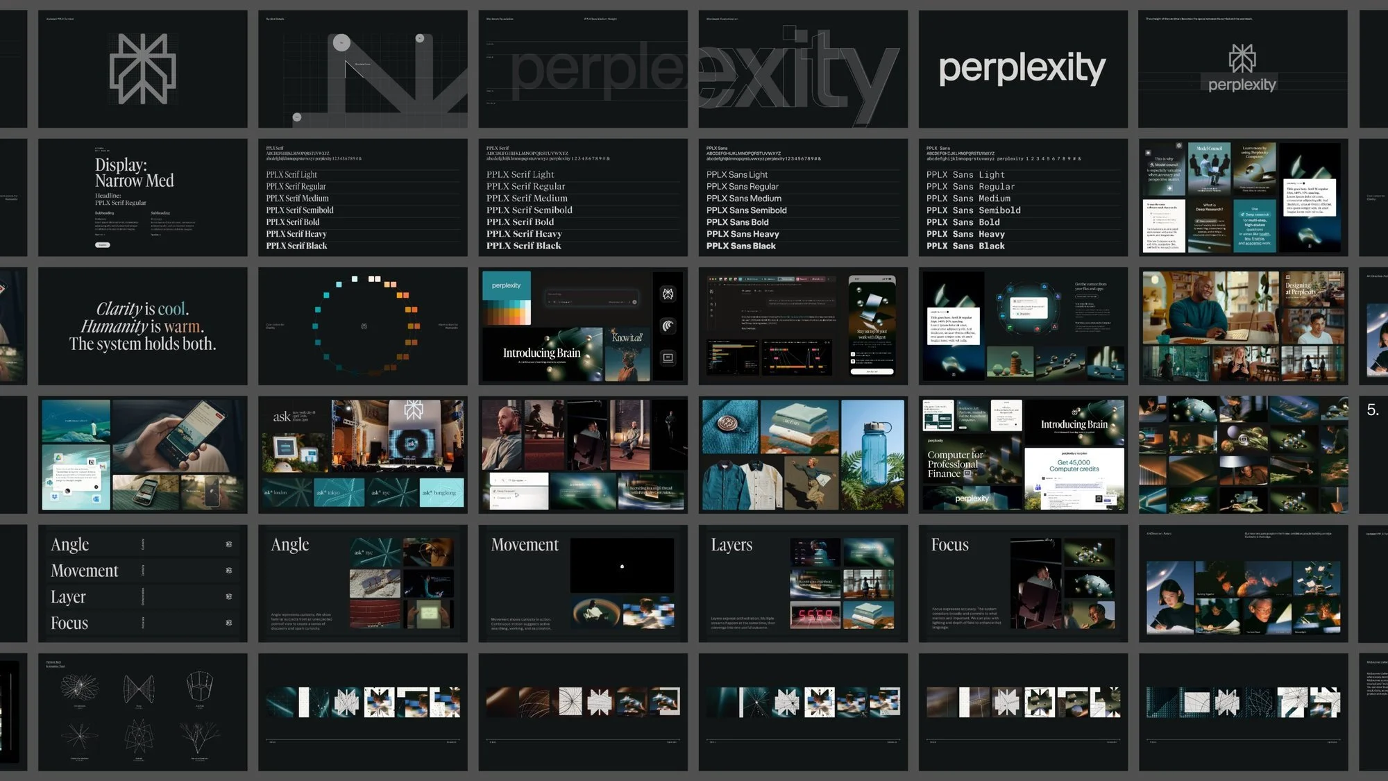 Overview of Perplexity's 2026 identity system: logo, type specimens and imagery grouped by angle, movement, layers and focus." Caption "The image behaviours every new image is checked against. Image: Perplexity, via The Brand Identity.