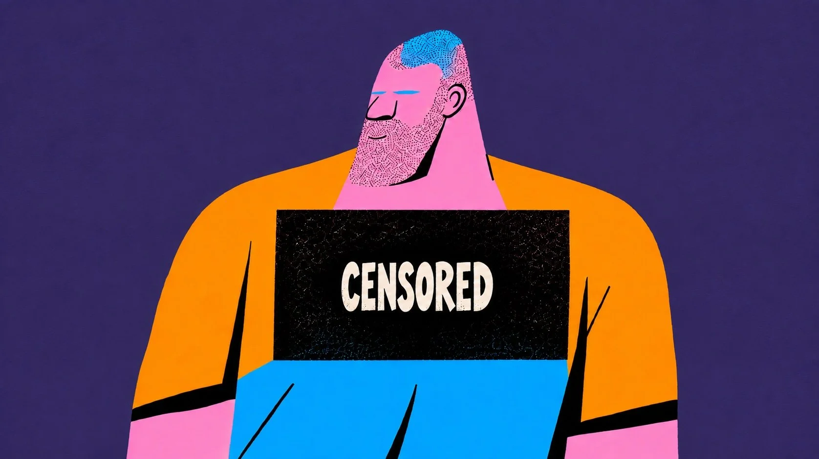 A Photoshop "violates user guidelines" refusal over a festival poster of a smiling man in a leather harness.