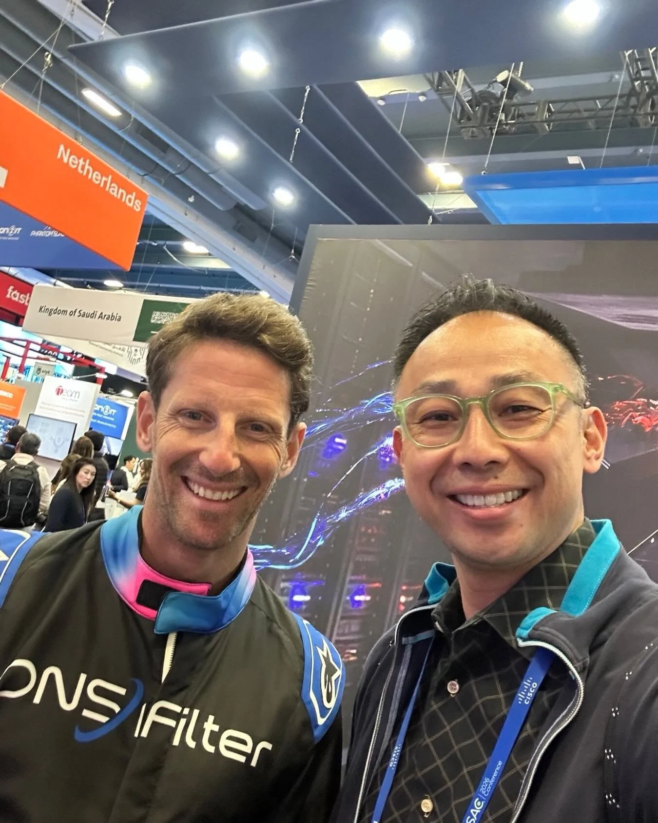 What do you know?! @grosjeanromain Romain Grosjean loves Cyber Security as well!  Great to catch up with the amazing F1 Driver at RSAC!