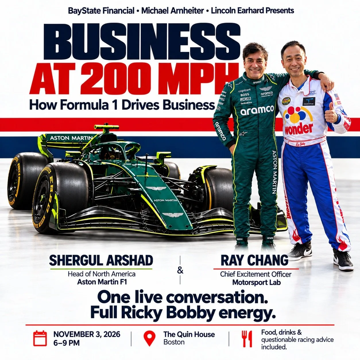 What happens when you put Shergul Arshad, Head of North America for Aston Martin F1, in a room with Ray Chang, Chief Excitement Officer of Motorsport Lab, dressed as Ricky Bobby? 

Probably the most unconventional Formula 1 business conversation you'