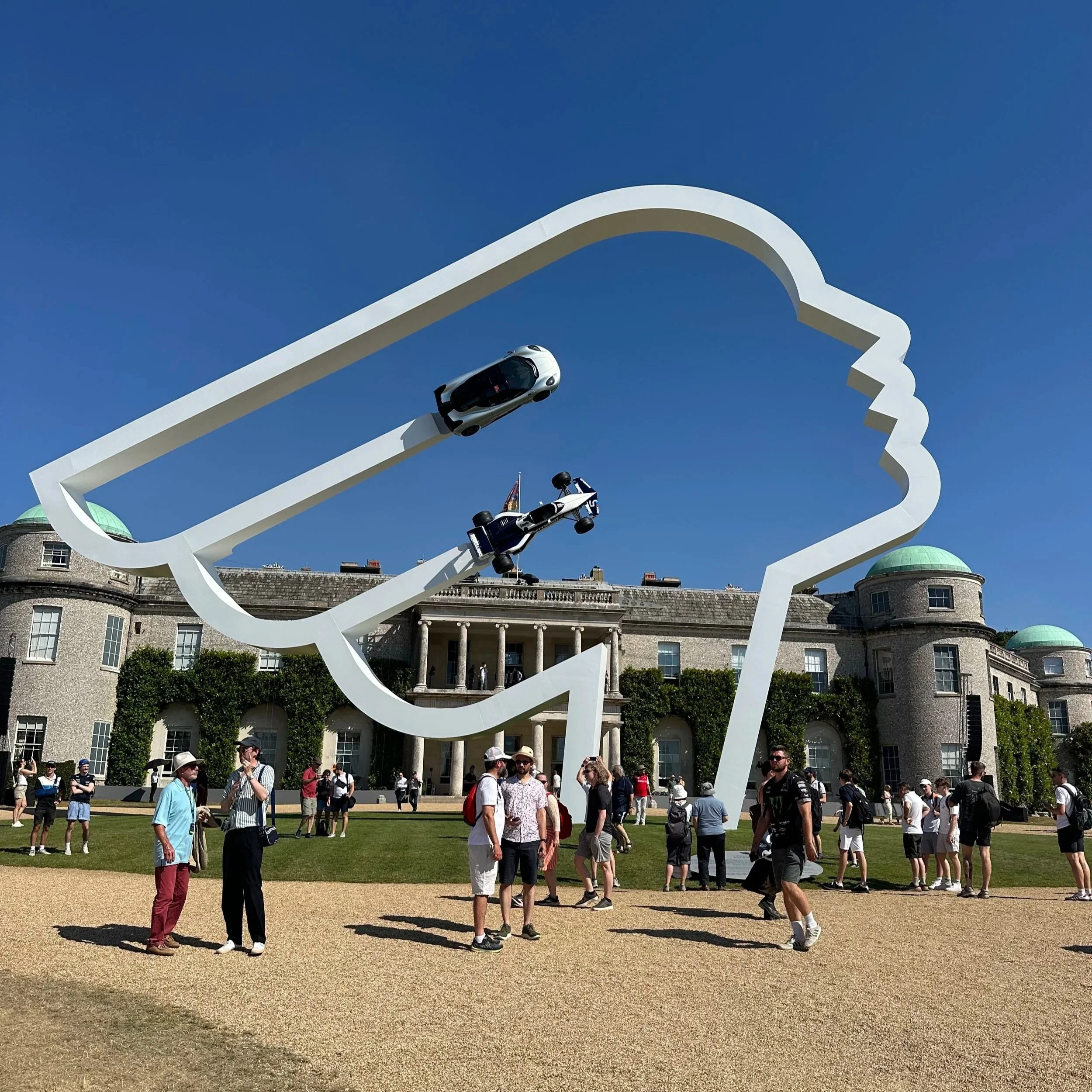 Sculpture of the Goodwood hillclimb outline in front of Goodwood House during the Festival of Speed
