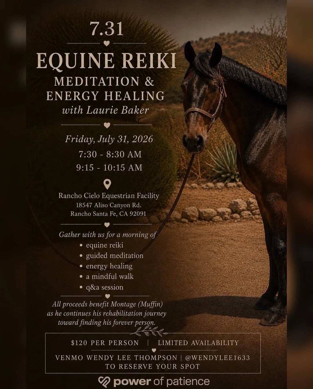 Spend a morning slowing down, connecting, and experiencing the healing presence of horses. 

Led by the wonderful Laurie Baker, each session will include equine reiki, guided meditation, energy healing, a mindful walk, and Q&amp;A&mdash;all while sup