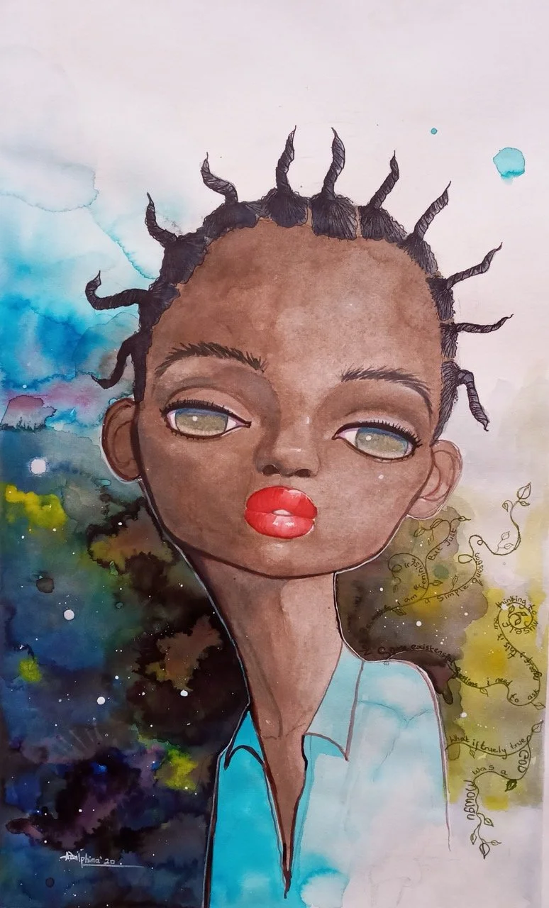 Puff-puff on my sister's head (ii), watercolour on paper, 15x22 inches, 2020