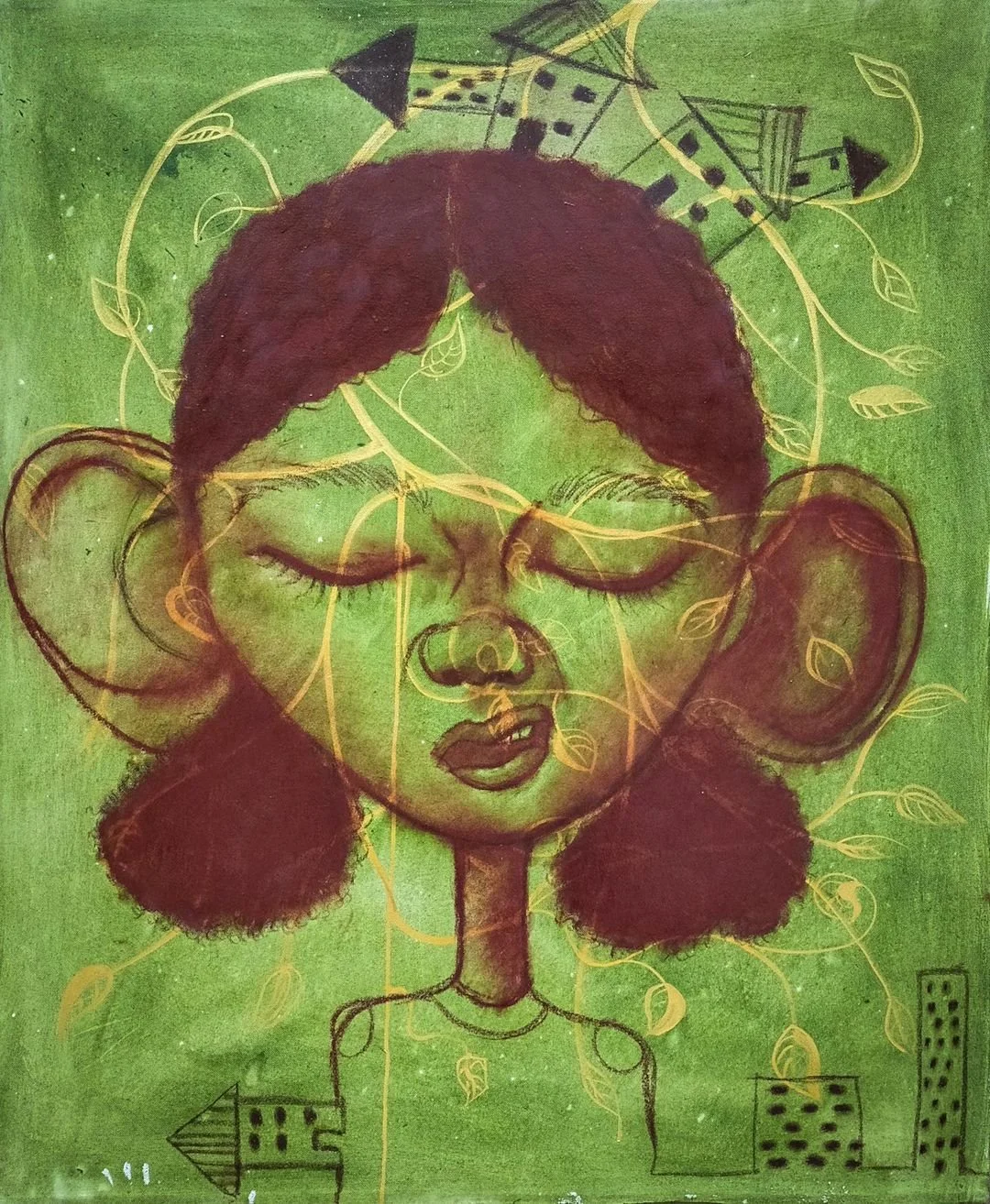 House hunting, acrylic, chalk pastel & gold ink on canvas, 40x49 inches, 2022