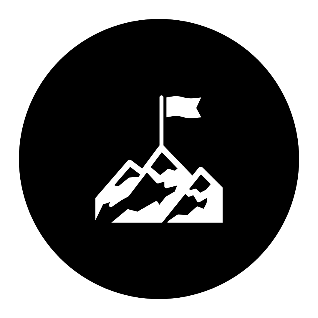 Black and white icon of a mountain with a flag at the summit.