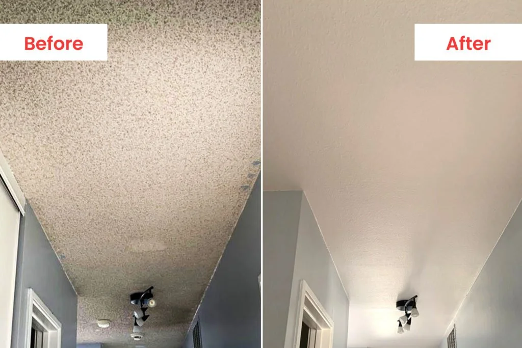 Picture Showing the difference before and after popcorn ceiling removal in Riverside, CA