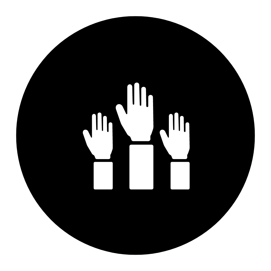 Illustration of three raised hands with palms facing forward on a black background.