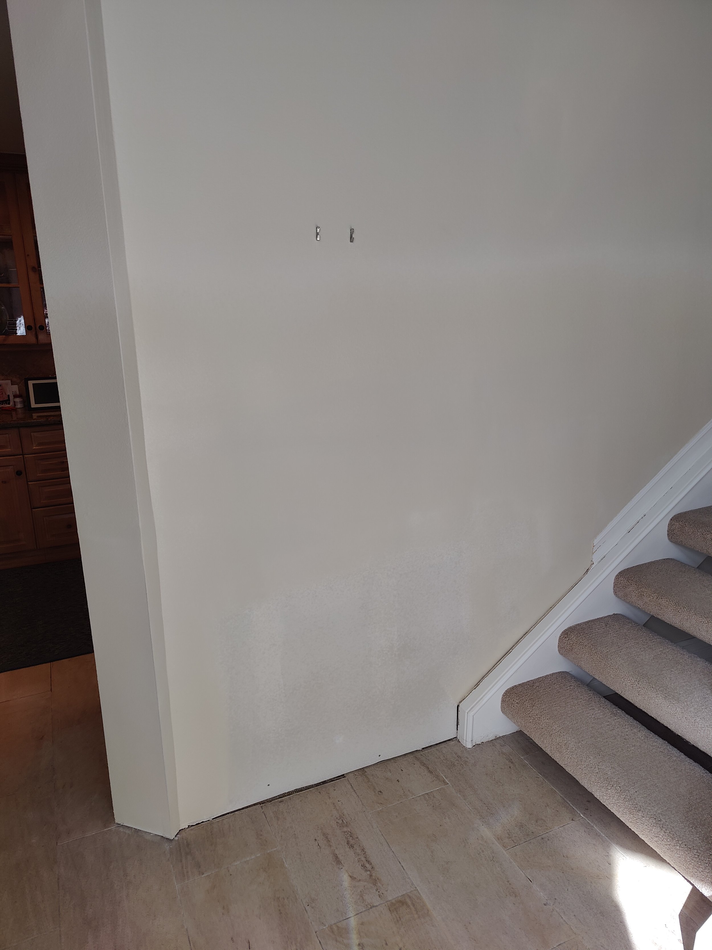 Empty white wall next to carpeted staircase with beige steps in a home interior.