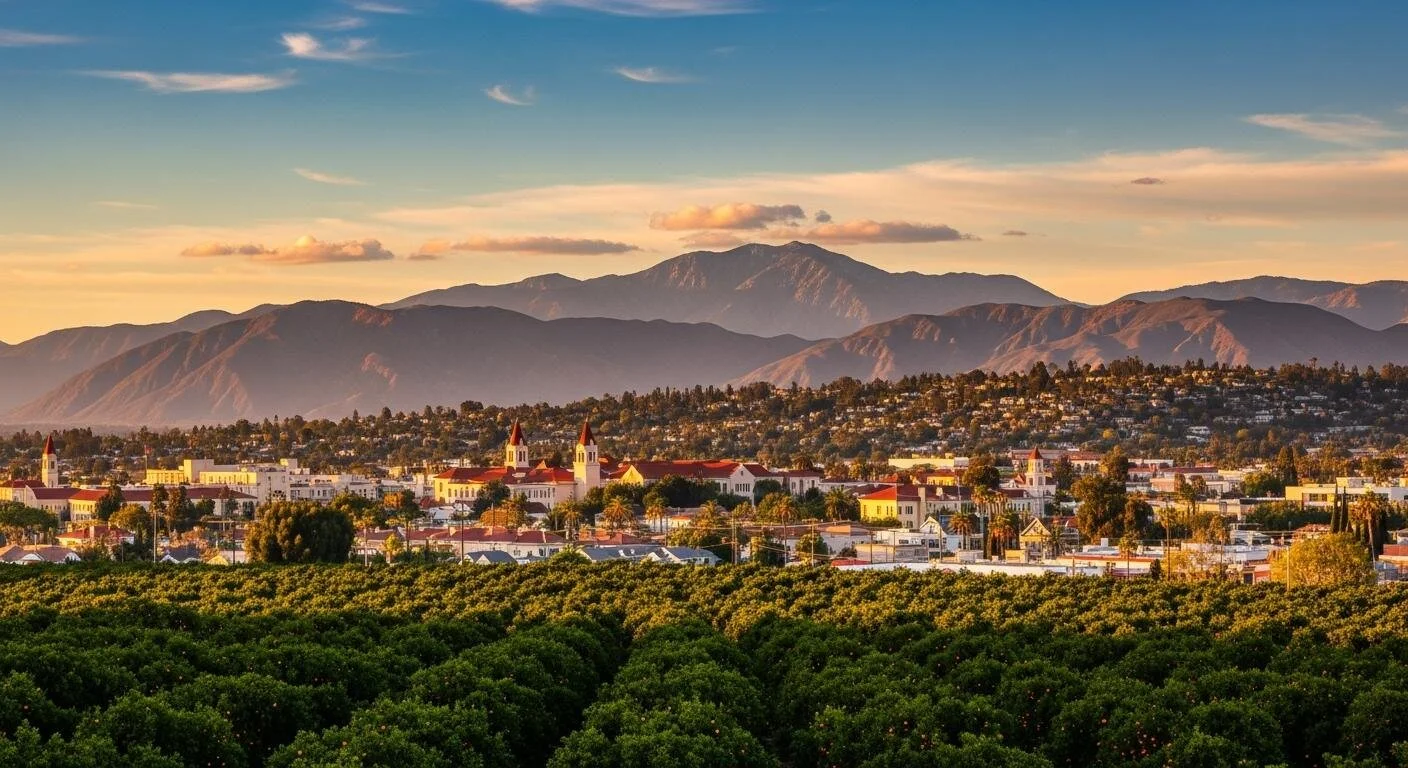 A city with red-roofed churches and buildings surrounded by green fields, set against a backdrop of mountains during sunset.