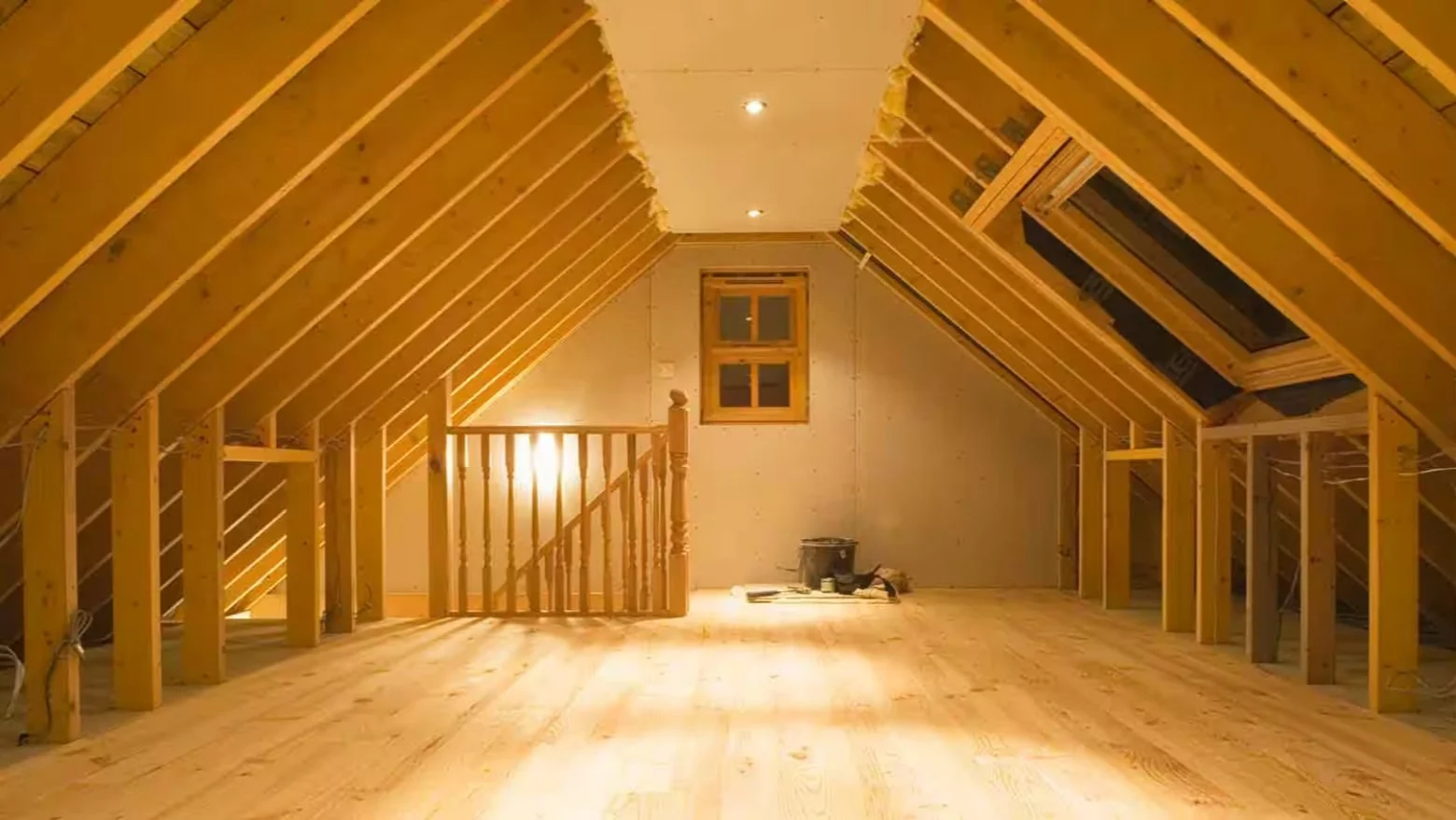 Empty finished attic with wood framing, unfinished walls in need of drywall installation, small window, and flooring, illuminated by ceiling lights in the City of Orange.