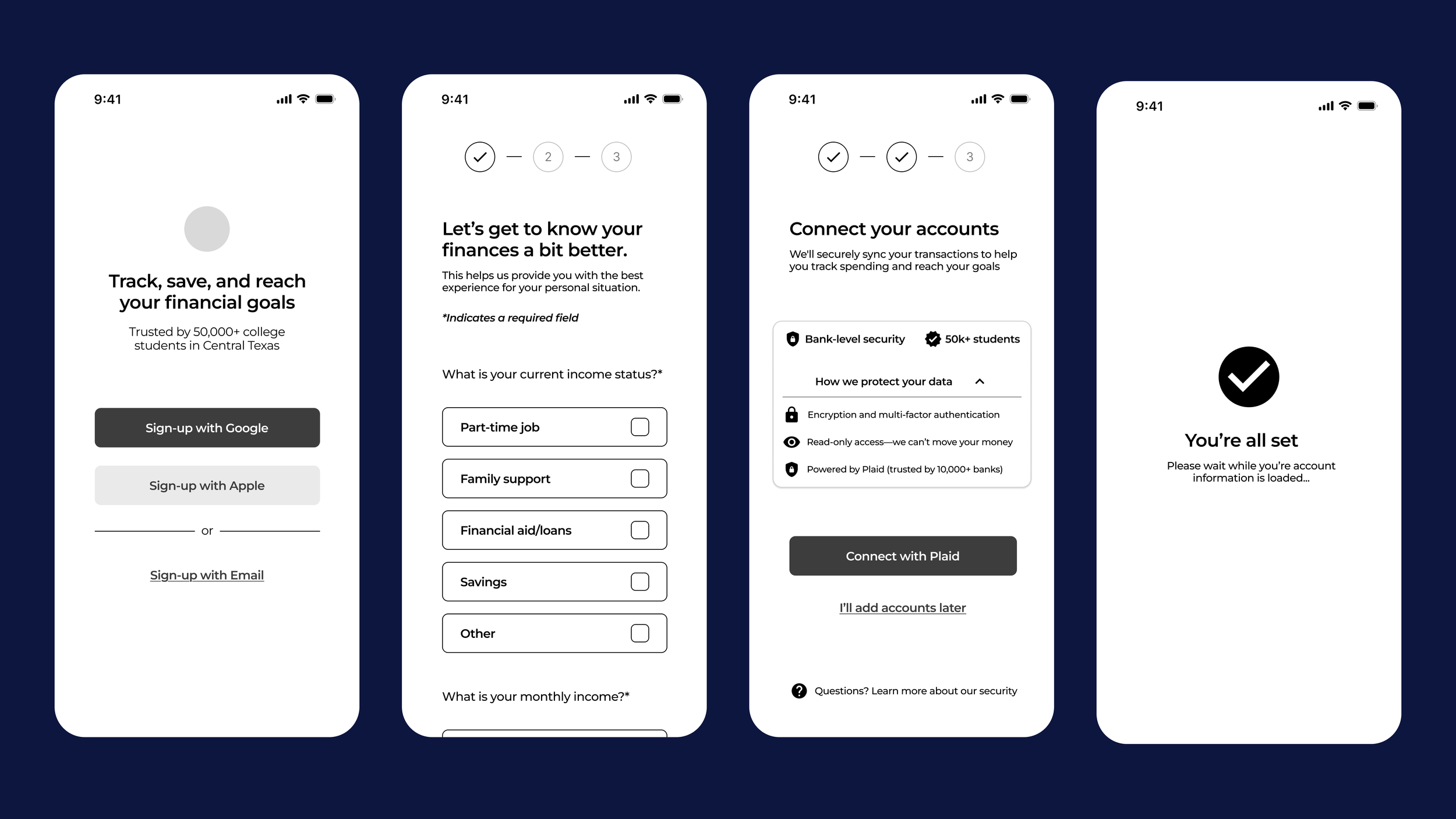 onboarding wireframes