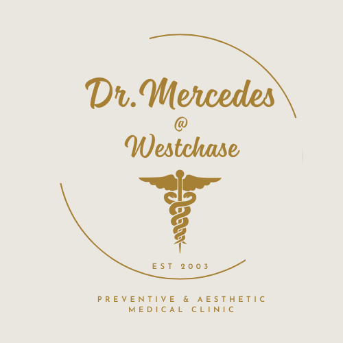 Logo for Dr. Mercedes at Westchase, a preventive and aesthetic medical clinic, established in 2003 (greater than 20 years of experience), featuring a gold caduceus symbol.