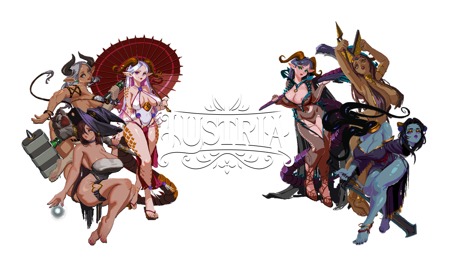 Group of fantasy characters with the word '
Lustria' in the center.