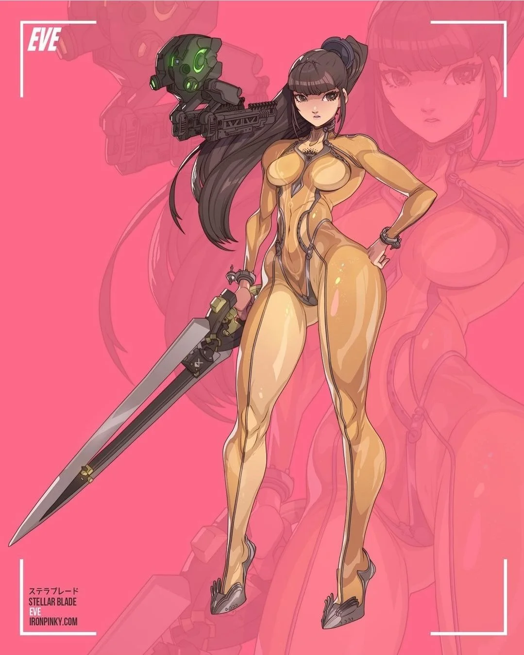 An animated female character in a form-fitting, skin-colored suit holding a large sword in her right hand and a futuristic weapon on her left shoulder, with long dark hair, set against a pink background with a semi-transparent larger version of her in the background.