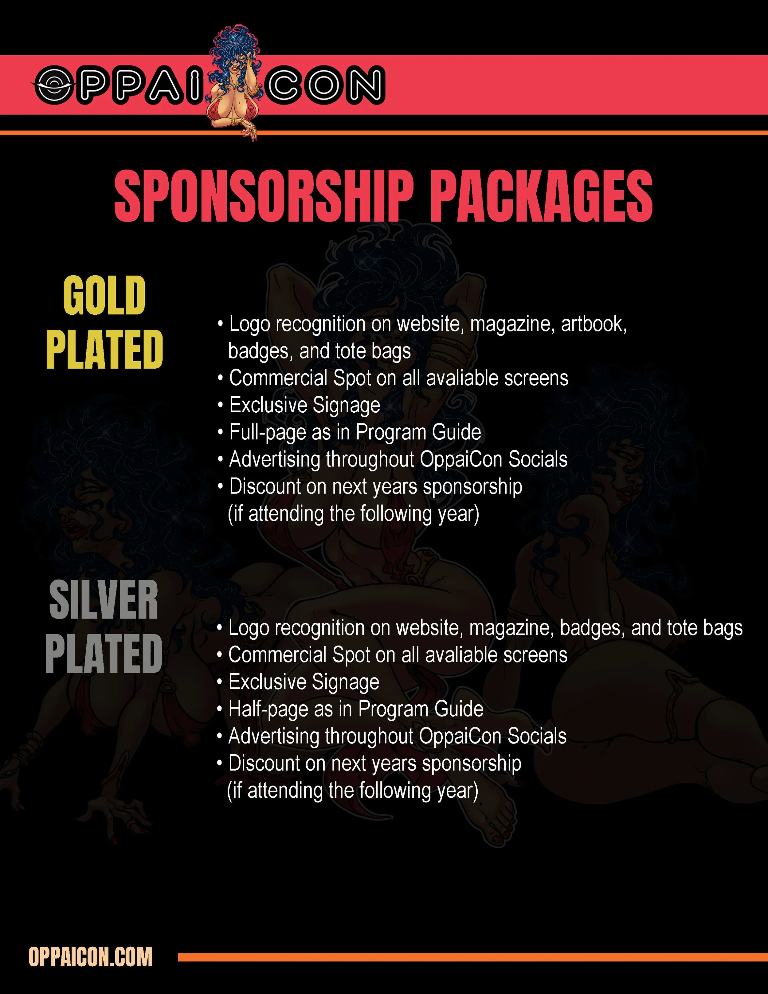 Digital poster for OppaiCon sponsorship packages, featuring a cartoon woman with blue hair and sunglasses. The poster lists benefits of the sponsorship packages, including logo recognition, commercial spots, signage, full pages in program guides, advertising on social media, discounts, and long-term sponsorship options. The website oppaicon.com is also mentioned.