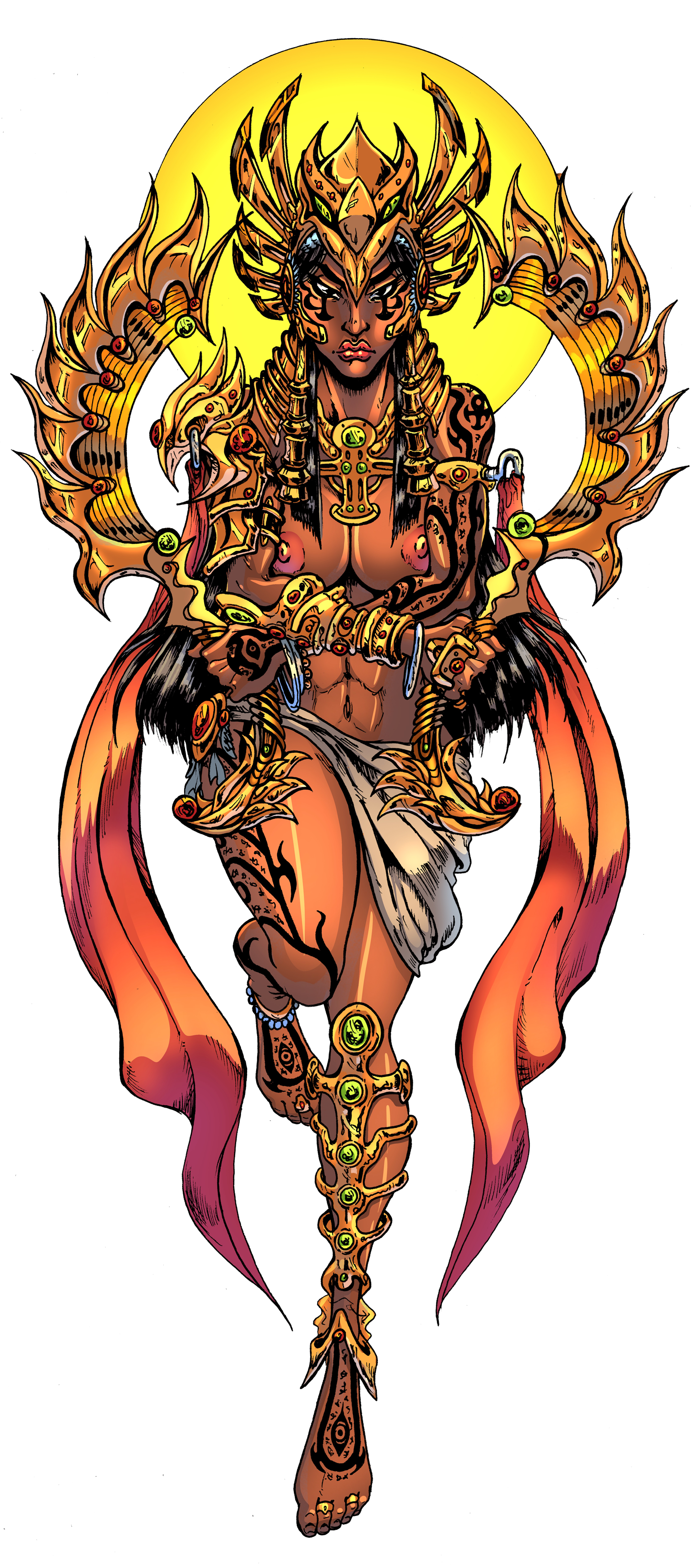 A fantasy warrior woman with intricate gold armor, long braided hair, and tattoos, standing in front of a yellow glowing background.