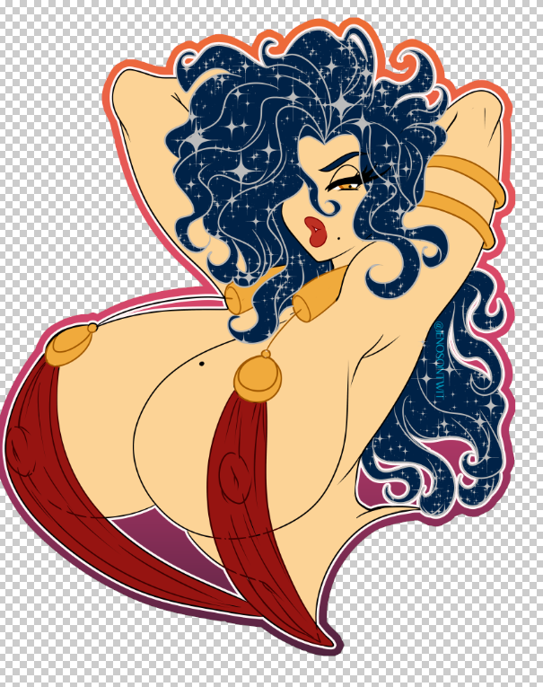 Cartoon illustration of a woman with long, curly, dark blue hair, reclining with her arms behind her head. She has a confident expression, red lips, and is wearing red cloth that covers her lower body, along with gold jewelry.